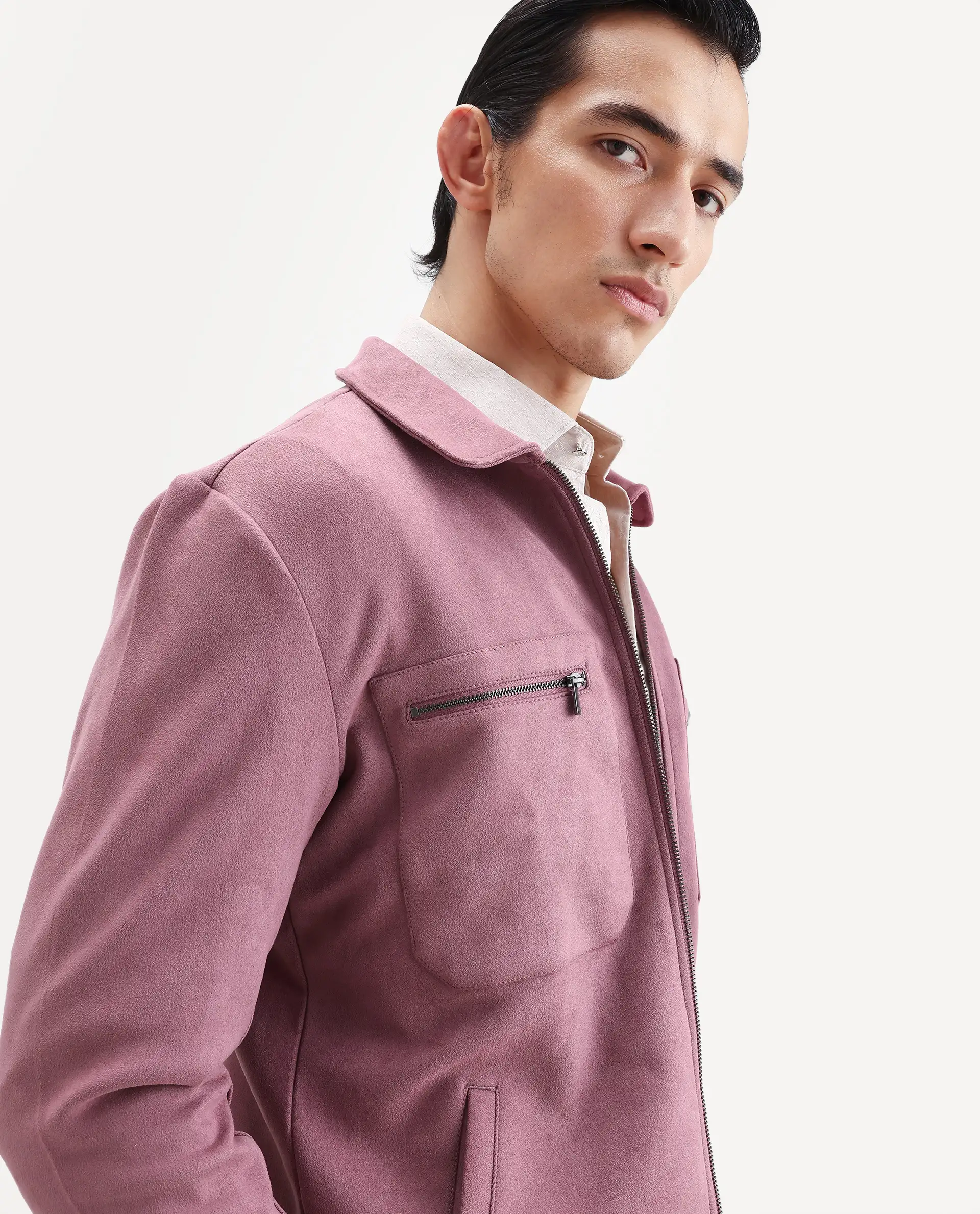 Rare Rabbit Men's Bax Dusky Pink Suede Plain Regular Fit Full Sleeve Spread Collar Jacket - Image 5