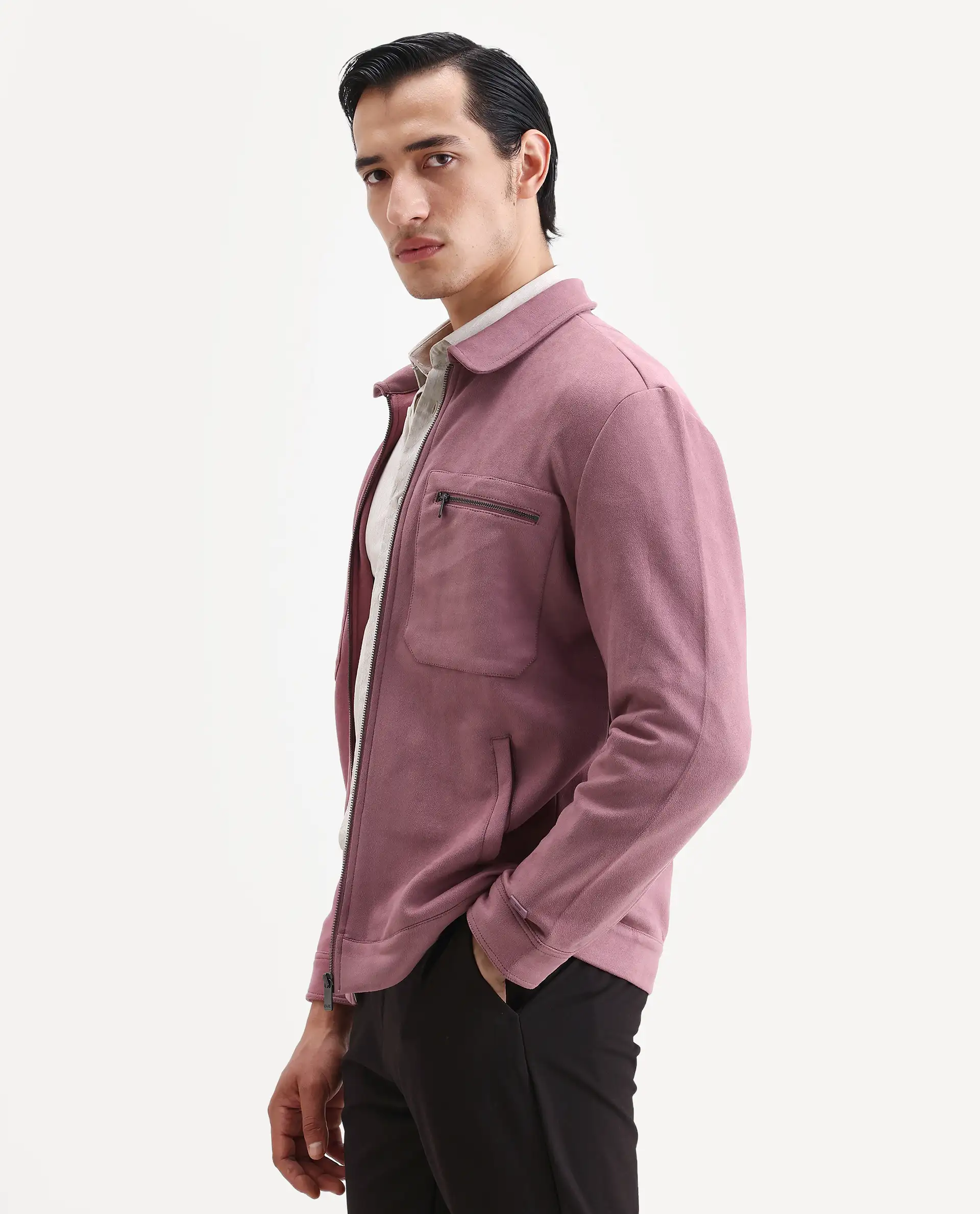 Rare Rabbit Men's Bax Dusky Pink Suede Plain Regular Fit Full Sleeve Spread Collar Jacket - Image 6