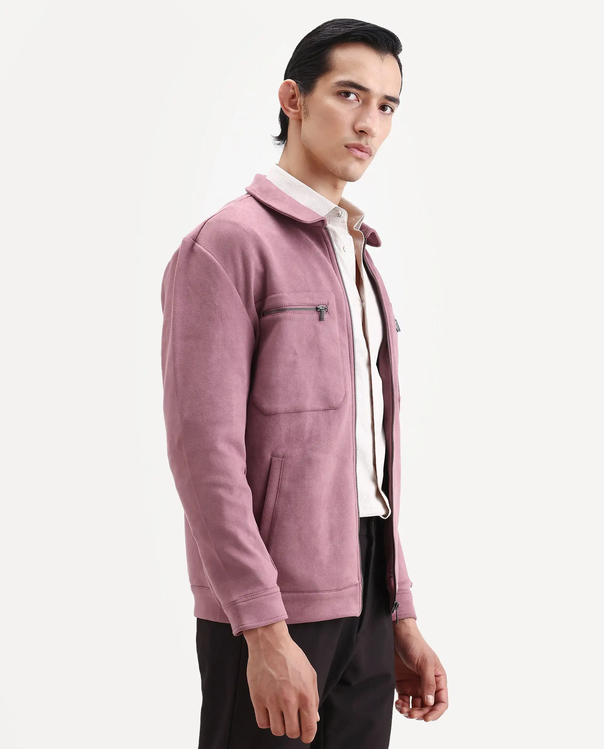 Rare Rabbit Men's Bax Dusky Pink Suede Plain Regular Fit Full Sleeve Spread Collar Jacket - Image 7