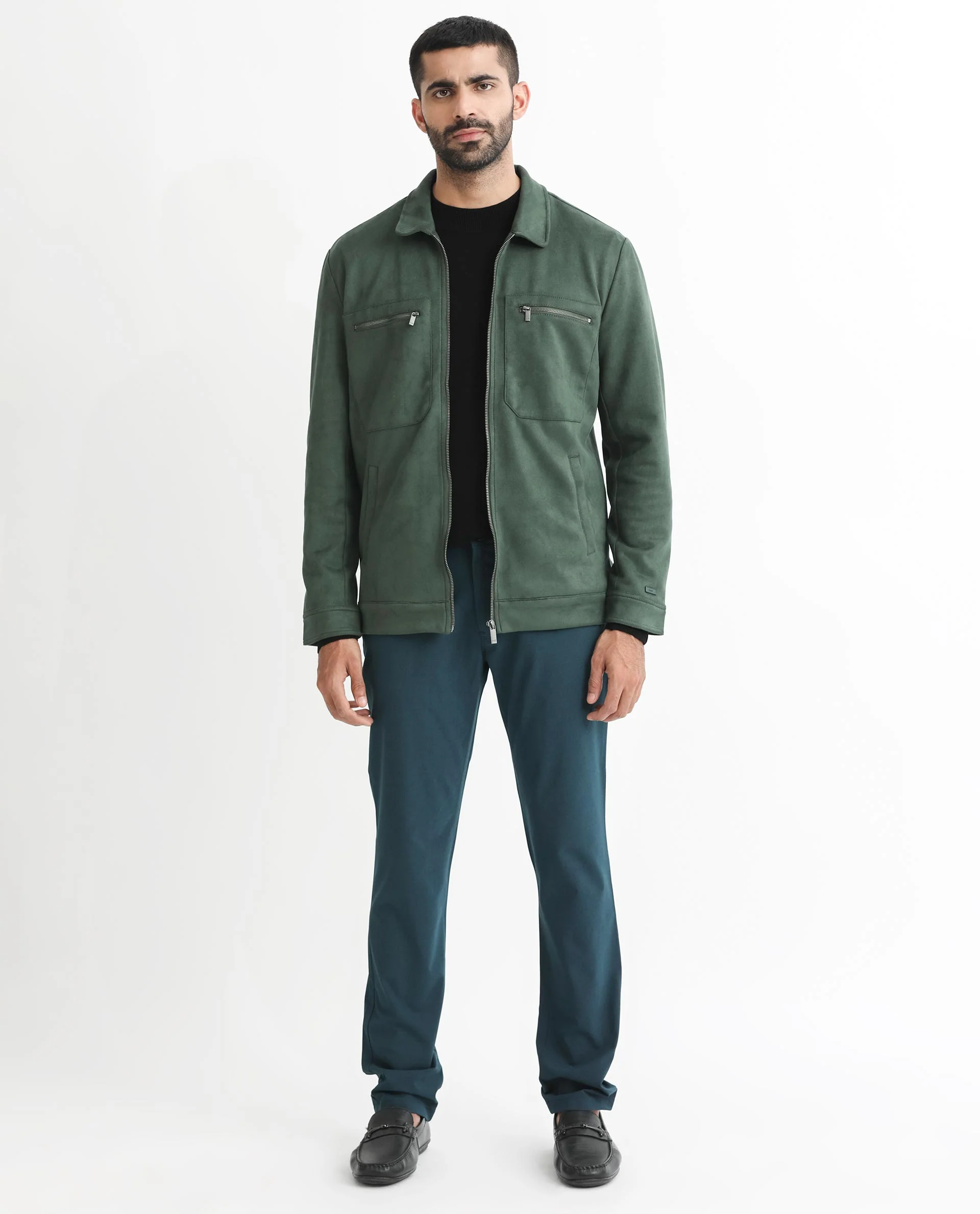 Rare Rabbit Men's Bax Green Suede Plain Boxy Fit Full Sleeve Spread Collar Jacket - Image 2