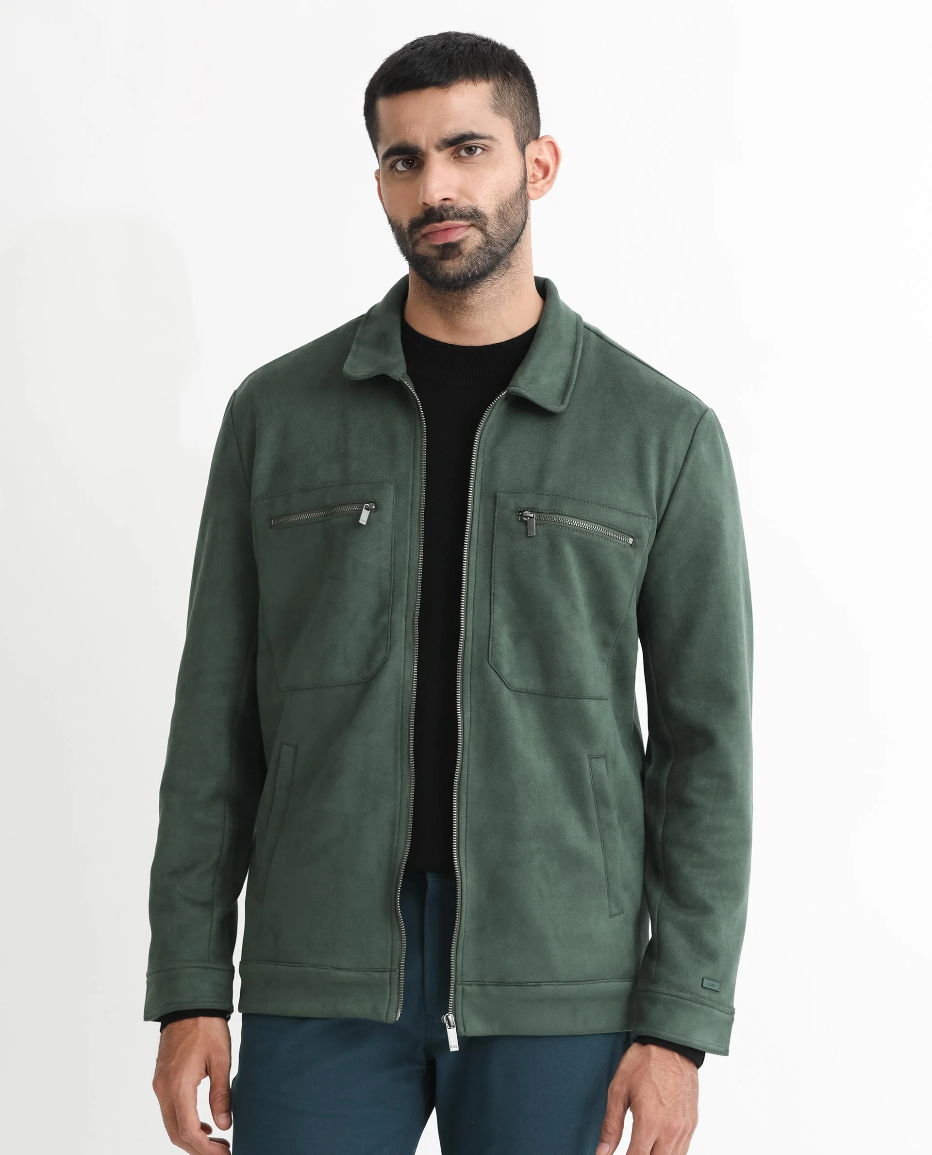 Rare Rabbit Men's Bax Green Suede Plain Boxy Fit Full Sleeve Spread Collar Jacket - Image 3