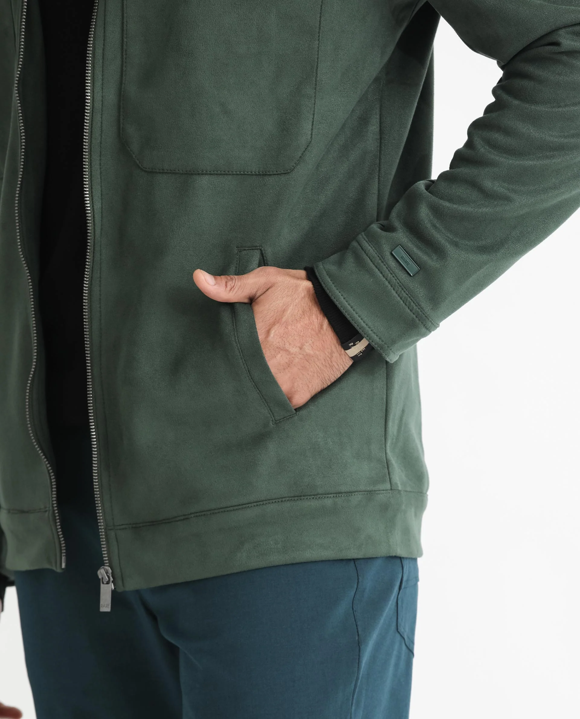 Rare Rabbit Men's Bax Green Suede Plain Boxy Fit Full Sleeve Spread Collar Jacket - Image 4