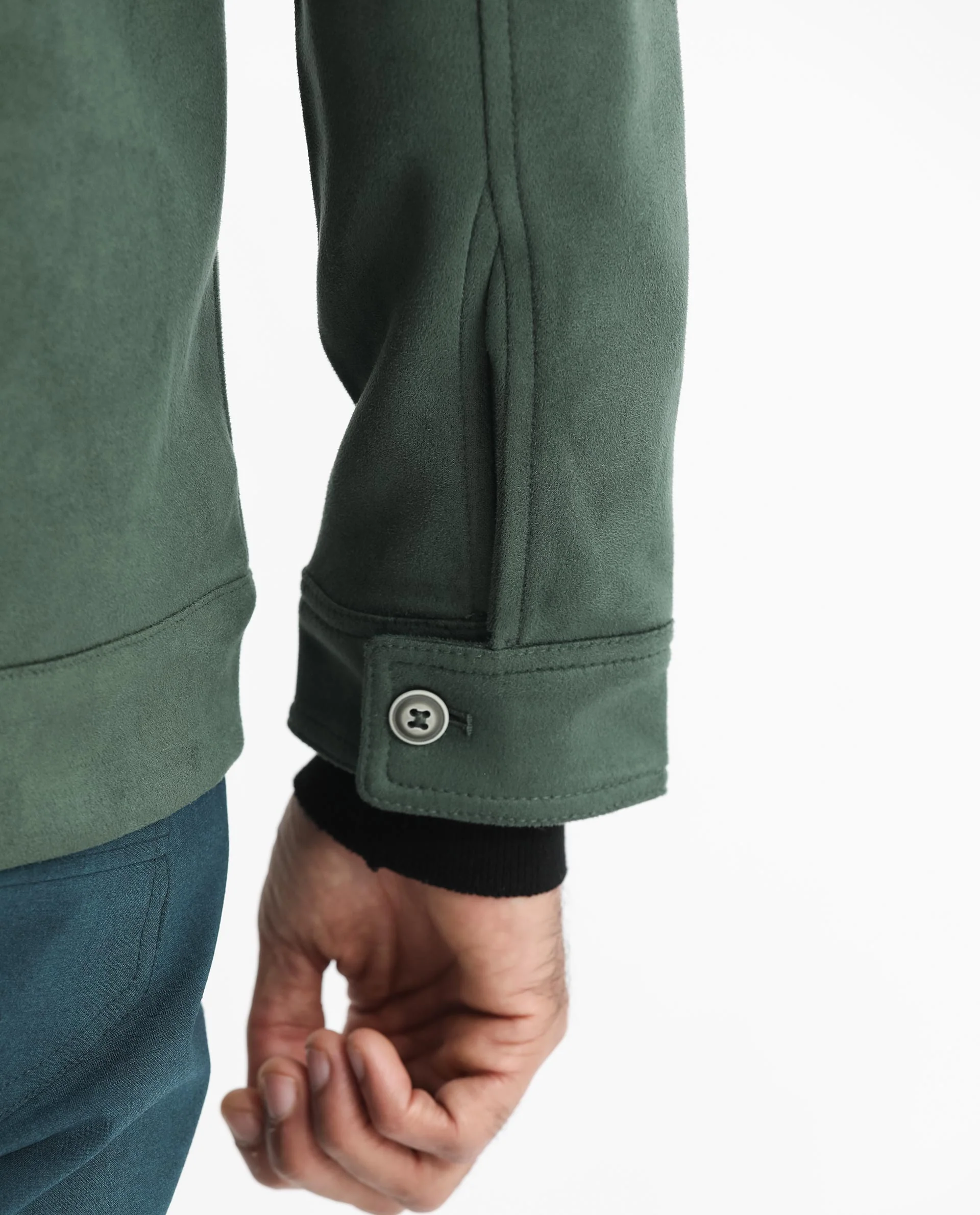 Rare Rabbit Men's Bax Green Suede Plain Boxy Fit Full Sleeve Spread Collar Jacket - Image 5