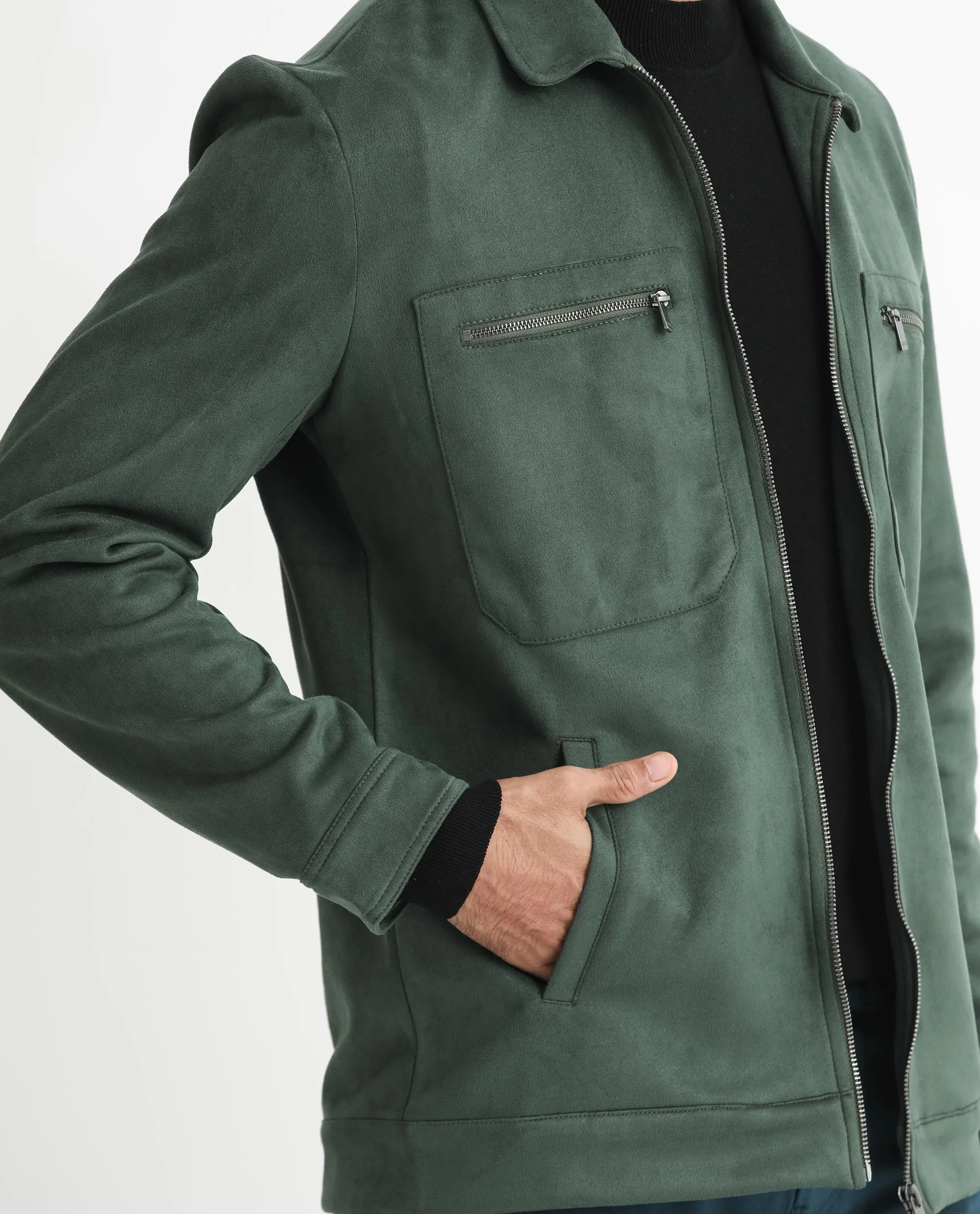 Rare Rabbit Men's Bax Green Suede Plain Boxy Fit Full Sleeve Spread Collar Jacket - Image 6