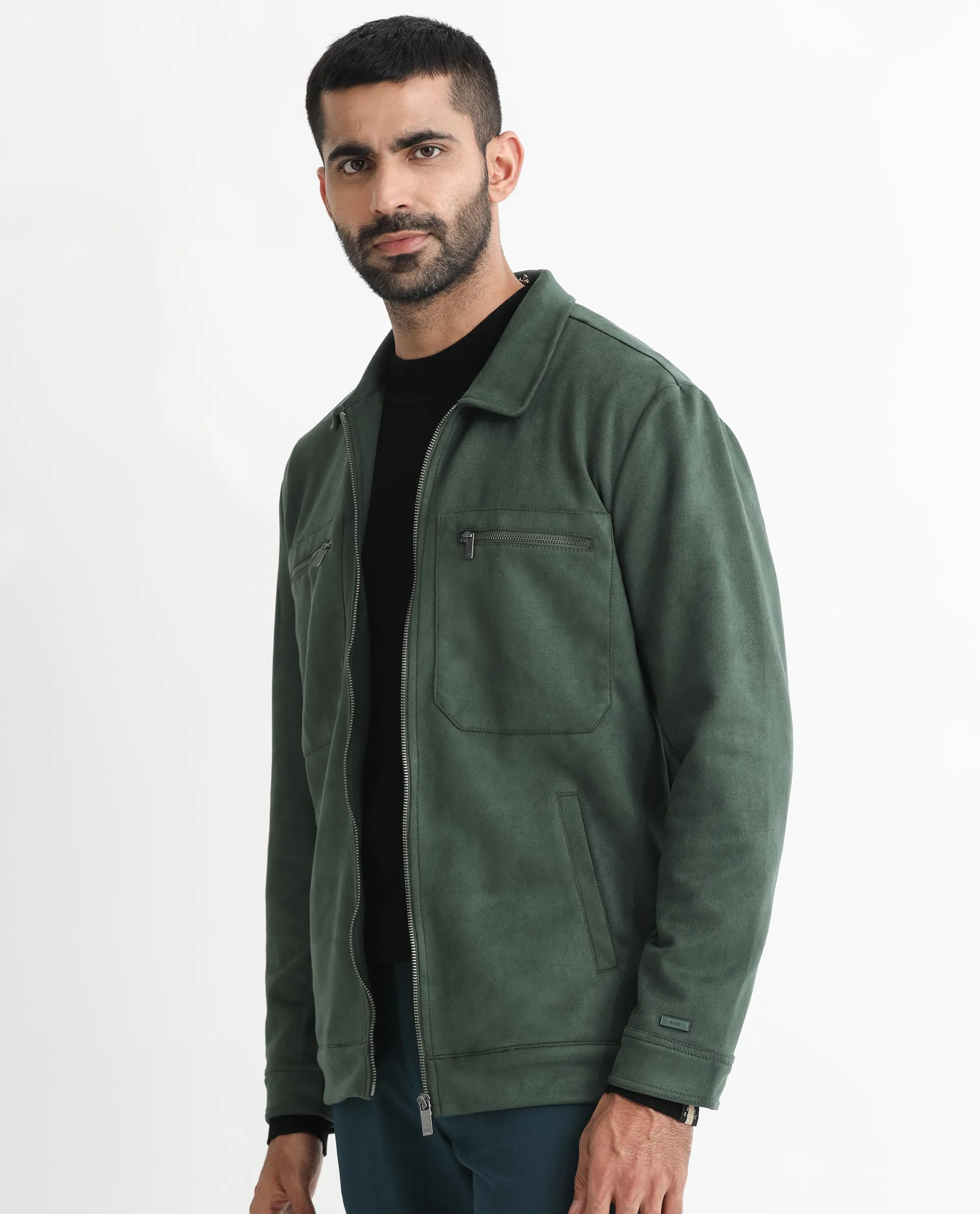 Rare Rabbit Men's Bax Green Suede Plain Boxy Fit Full Sleeve Spread Collar Jacket - Image 7