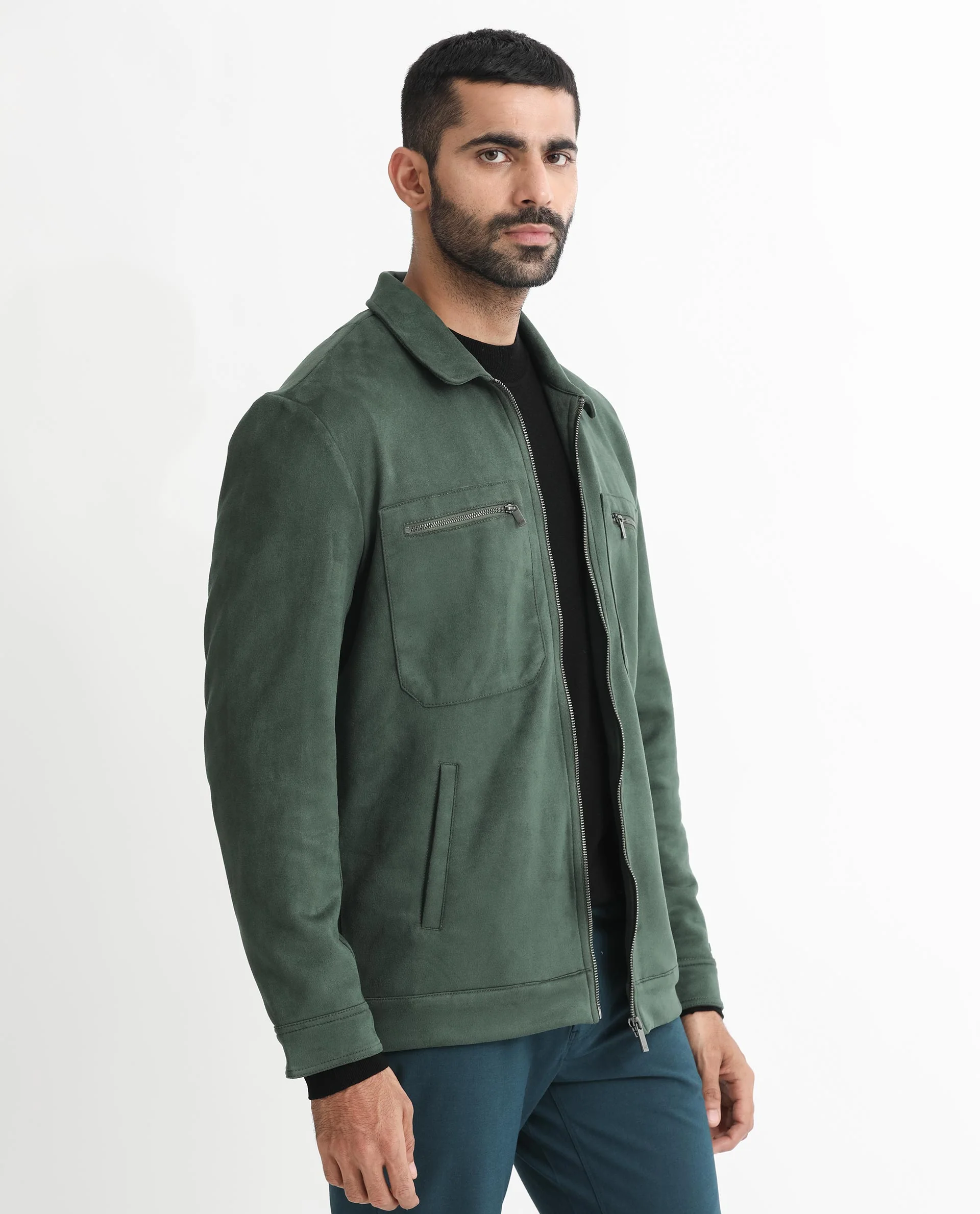 Rare Rabbit Men's Bax Green Suede Plain Boxy Fit Full Sleeve Spread Collar Jacket - Image 8