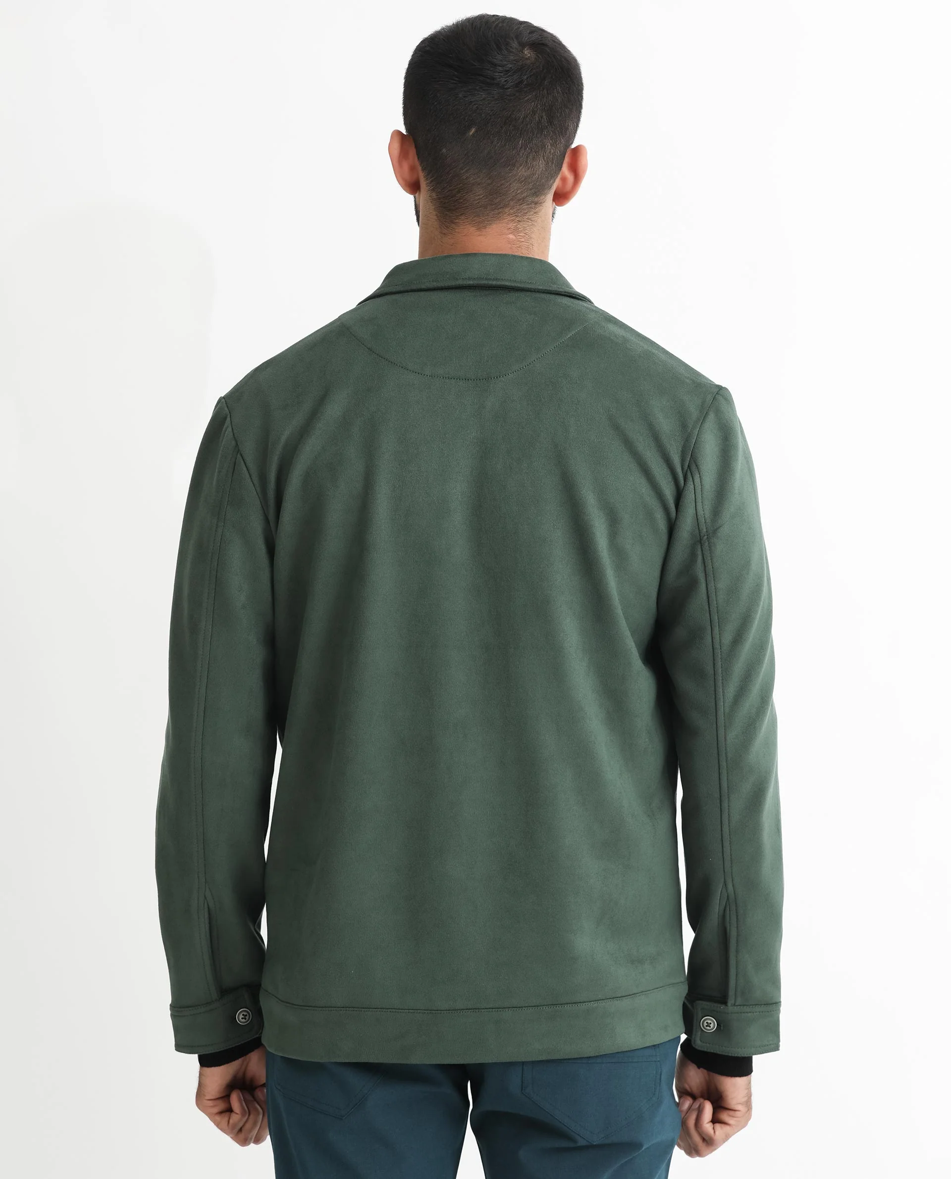 Rare Rabbit Men's Bax Green Suede Plain Boxy Fit Full Sleeve Spread Collar Jacket - Image 9
