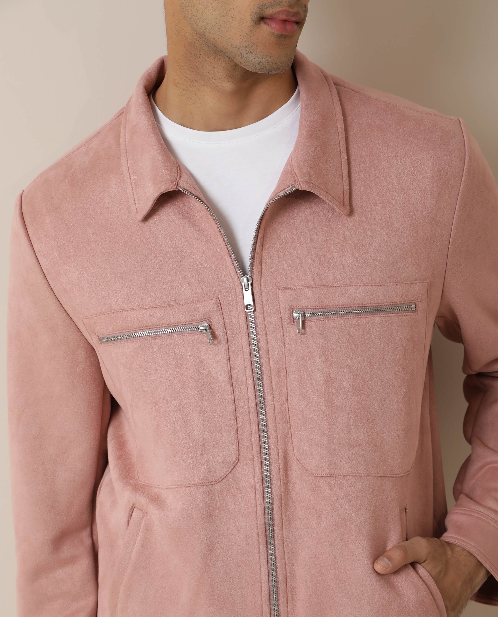 Rare Rabbit Men's Bax Pink Plain Regular Fit Full Sleeve Collared Jacket - Image 2