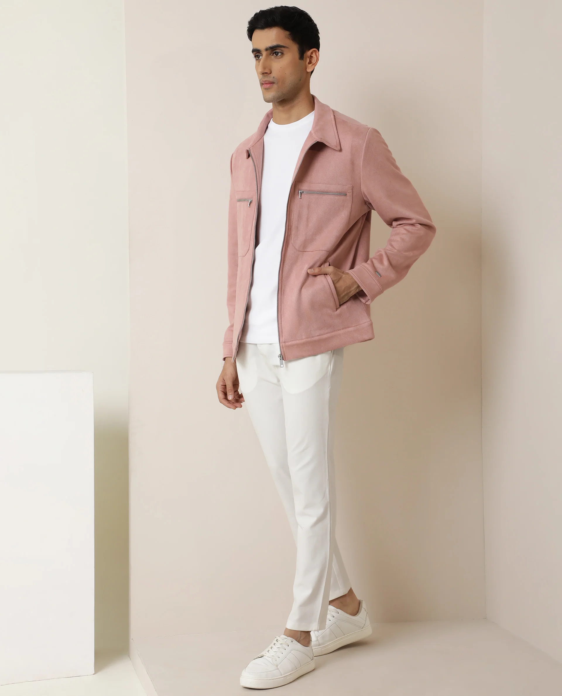 Rare Rabbit Men's Bax Pink Plain Regular Fit Full Sleeve Collared Jacket - Image 3