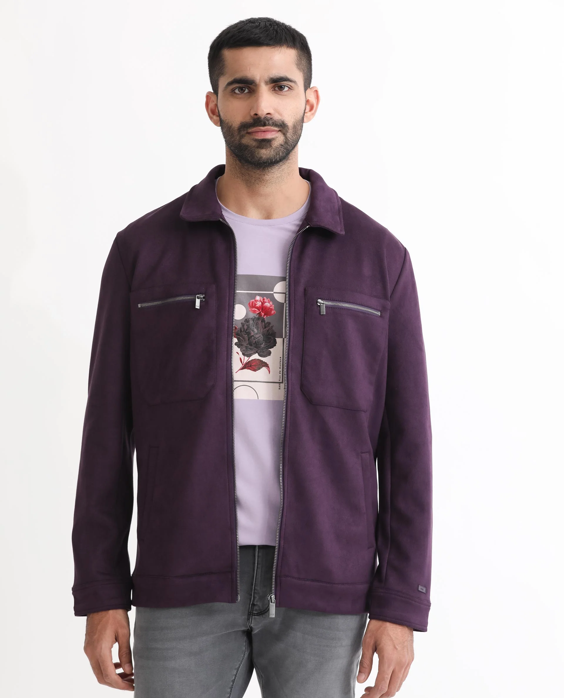 Rare Rabbit Men's Bax Purple Suede Plain Boxy Fit Full Sleeve Spread Collar Jacket - Image 2