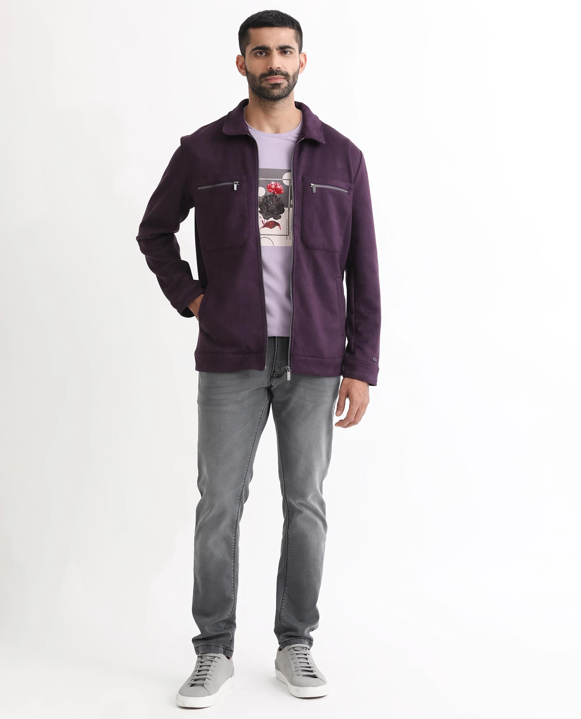 Rare Rabbit Men's Bax Purple Suede Plain Boxy Fit Full Sleeve Spread Collar Jacket - Image 3