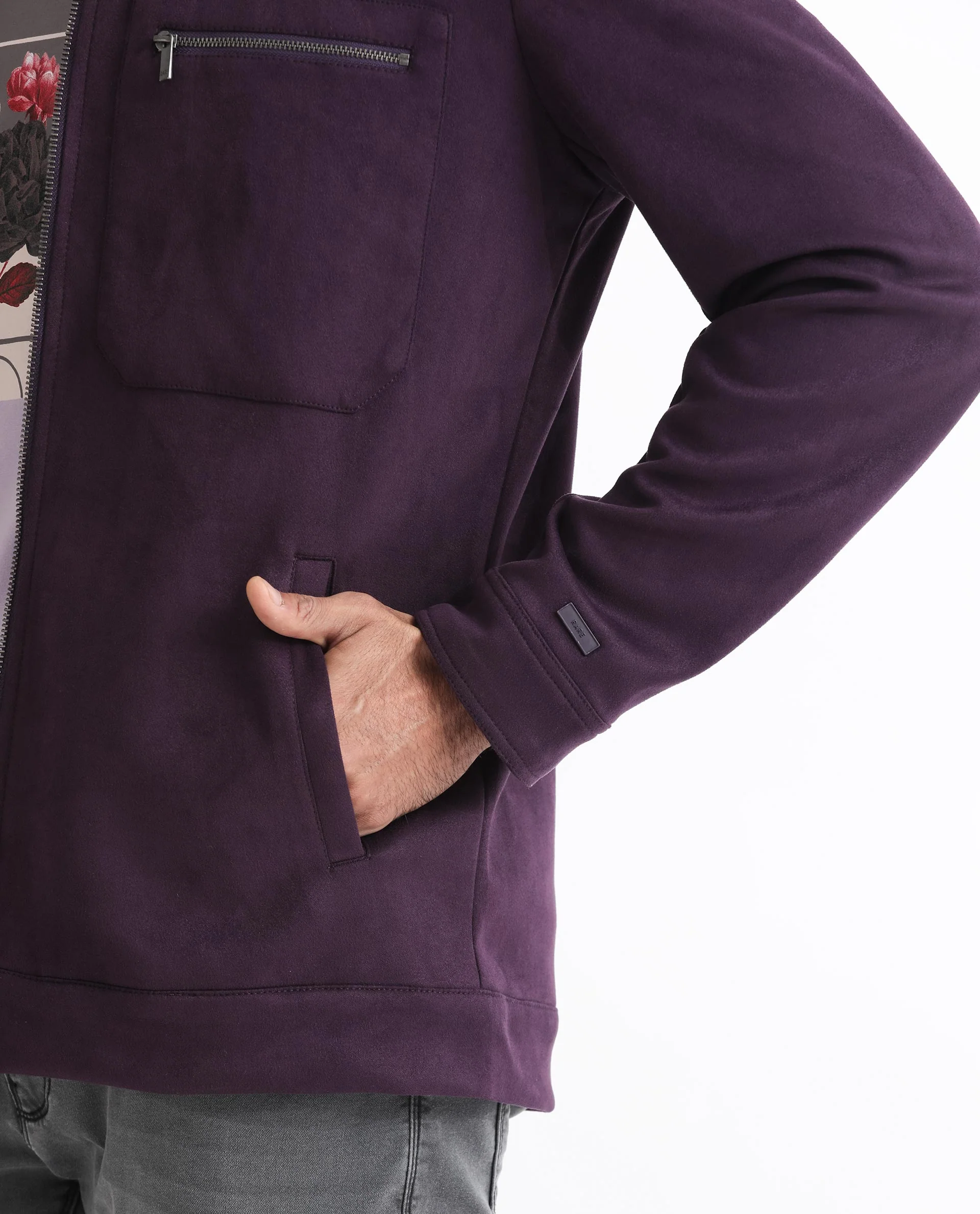 Rare Rabbit Men's Bax Purple Suede Plain Boxy Fit Full Sleeve Spread Collar Jacket - Image 4