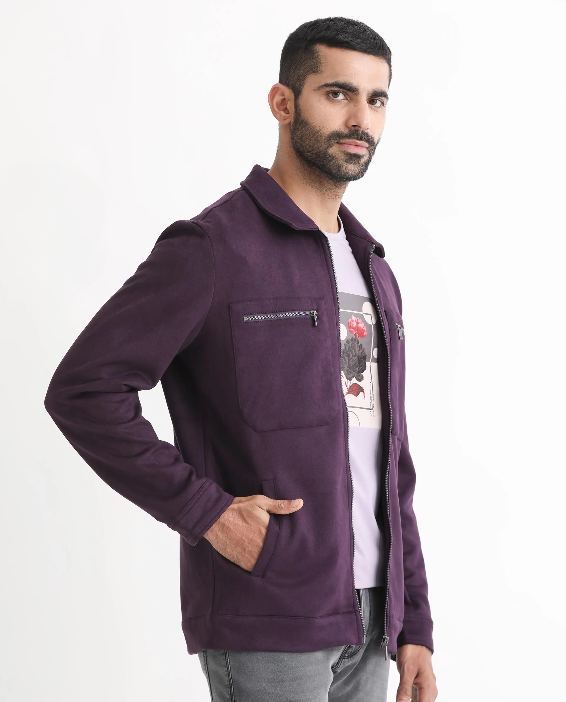 Rare Rabbit Men's Bax Purple Suede Plain Boxy Fit Full Sleeve Spread Collar Jacket - Image 5