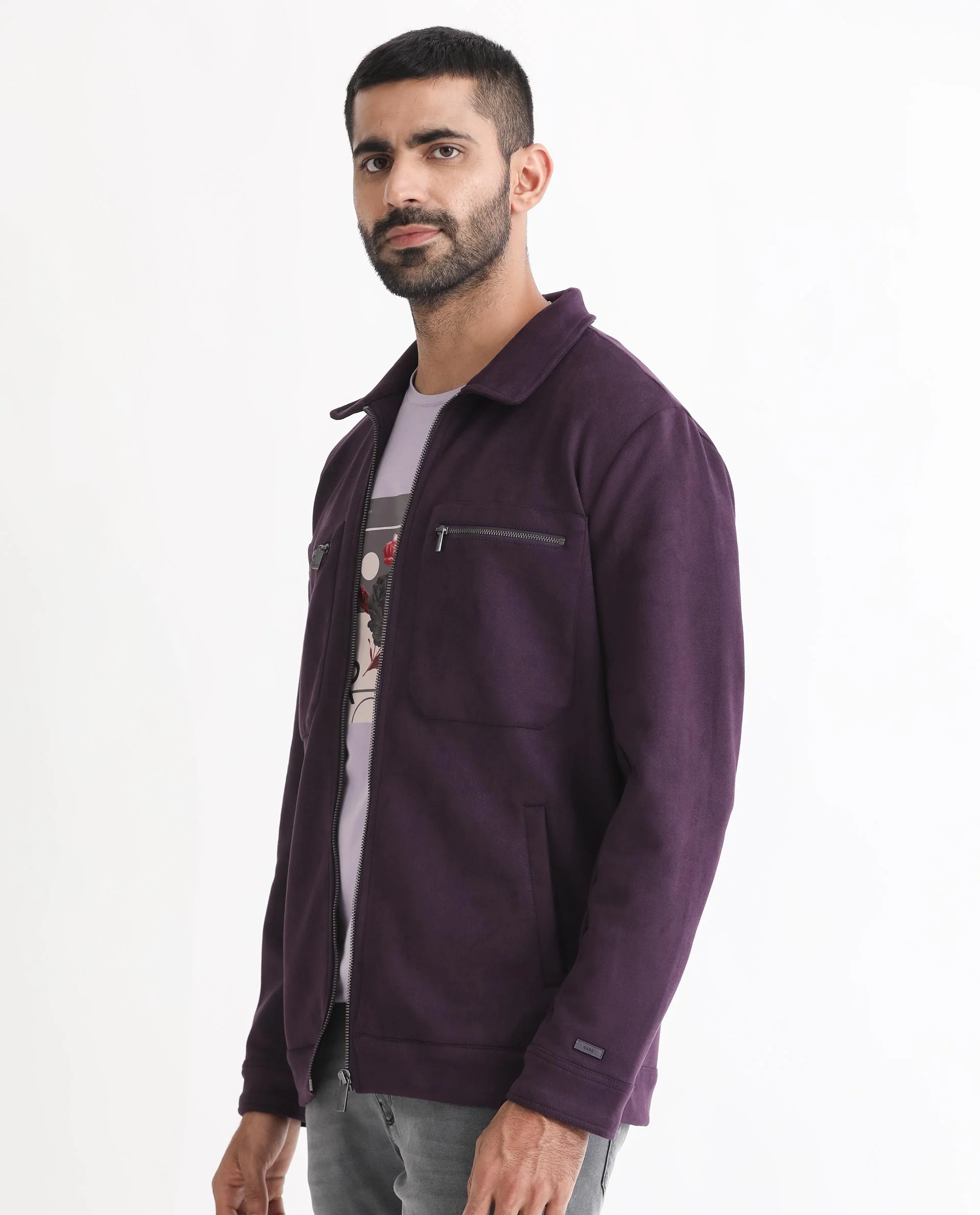 Rare Rabbit Men's Bax Purple Suede Plain Boxy Fit Full Sleeve Spread Collar Jacket - Image 6