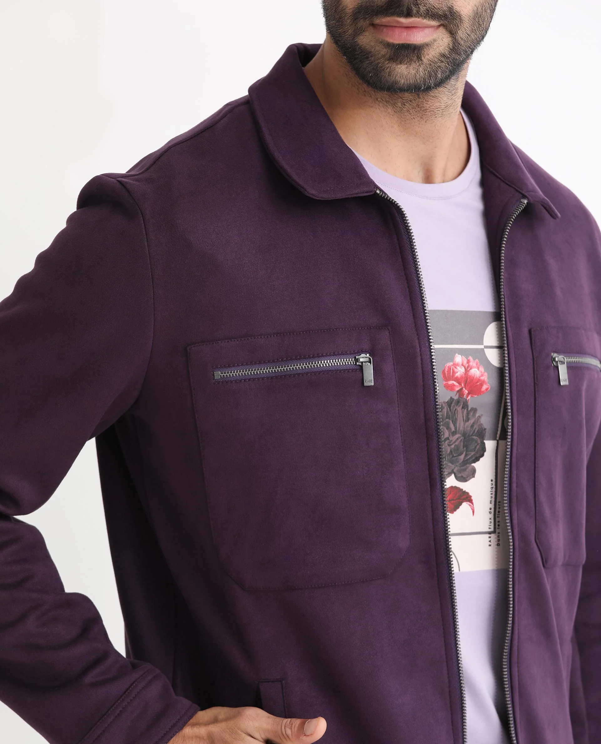 Rare Rabbit Men's Bax Purple Suede Plain Boxy Fit Full Sleeve Spread Collar Jacket - Image 7