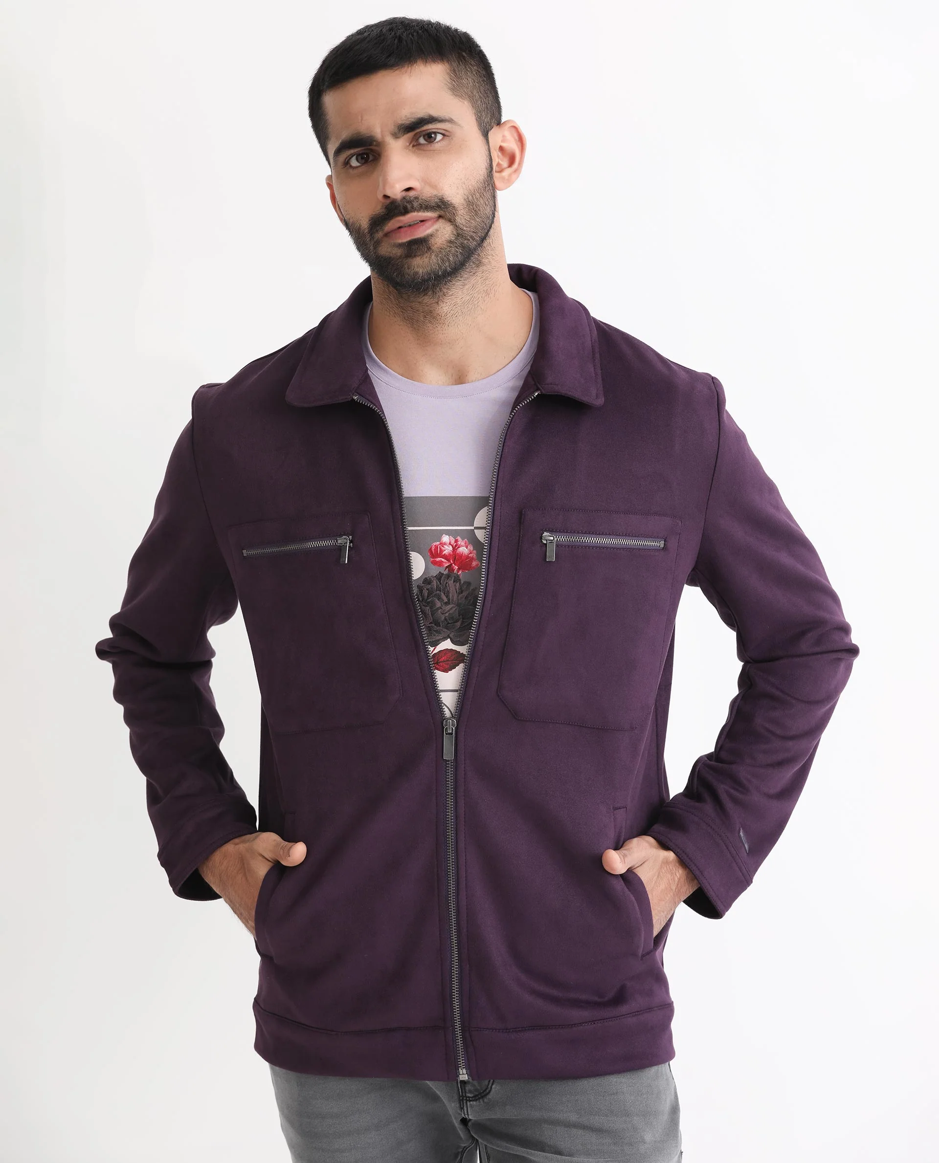 Rare Rabbit Men's Bax Purple Suede Plain Boxy Fit Full Sleeve Spread Collar Jacket - Image 8
