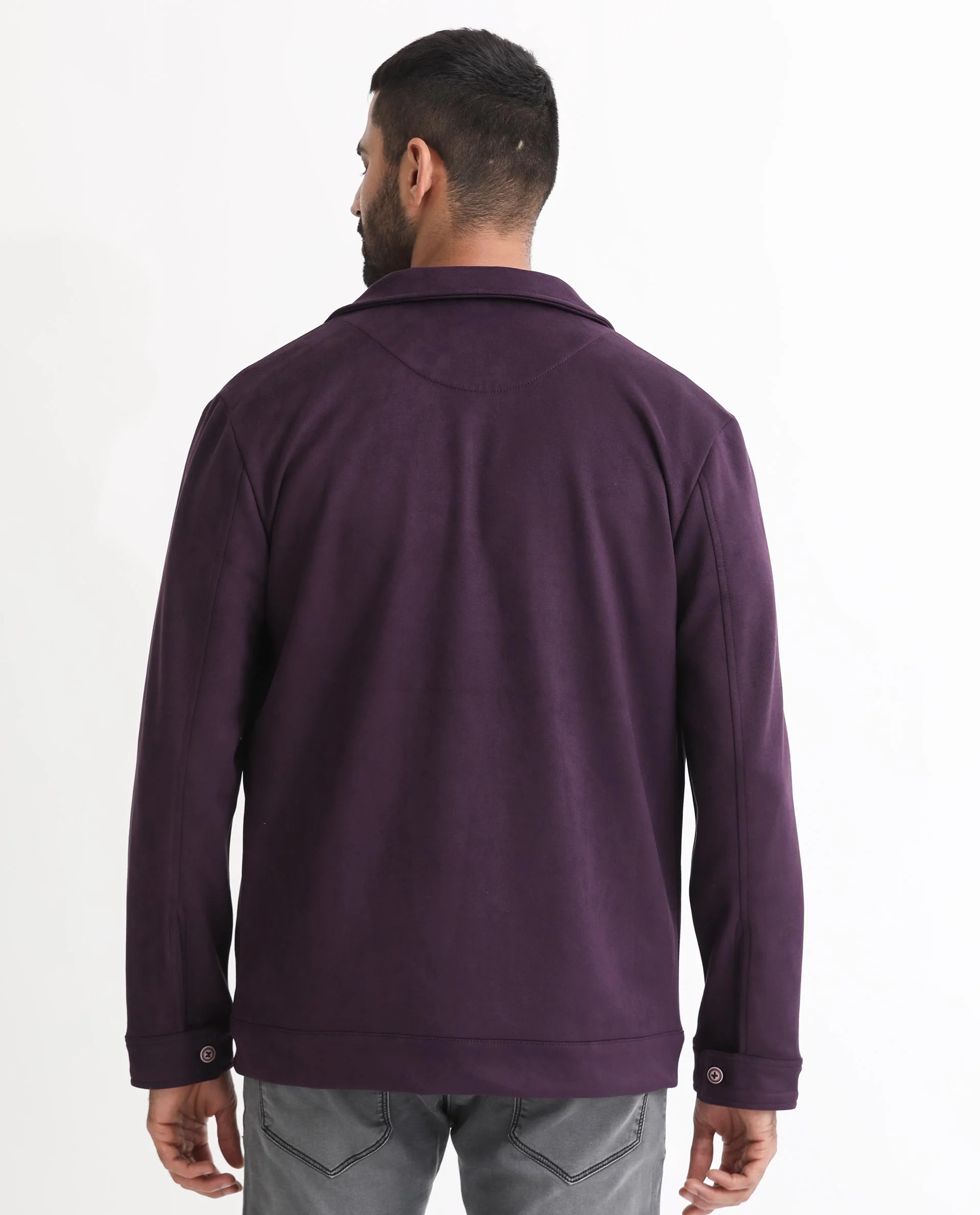 Rare Rabbit Men's Bax Purple Suede Plain Boxy Fit Full Sleeve Spread Collar Jacket - Image 9