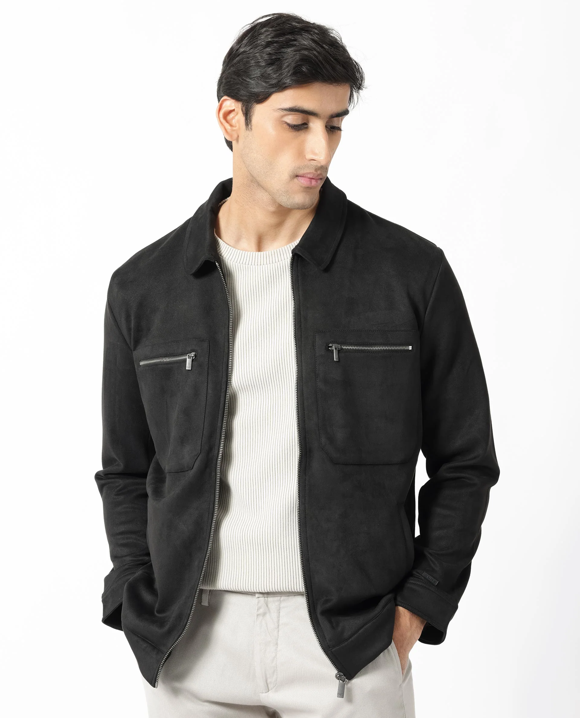 Rare Rabbit Men's Bax 1 Black Suede Plain Boxy Fit Full Sleeve Spread Collar Jacket