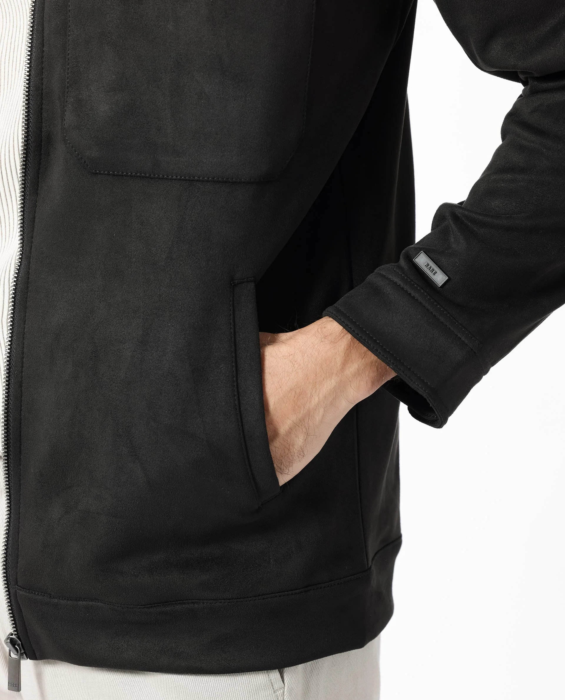 Rare Rabbit Men's Bax 1 Black Suede Plain Boxy Fit Full Sleeve Spread Collar Jacket - Image 2