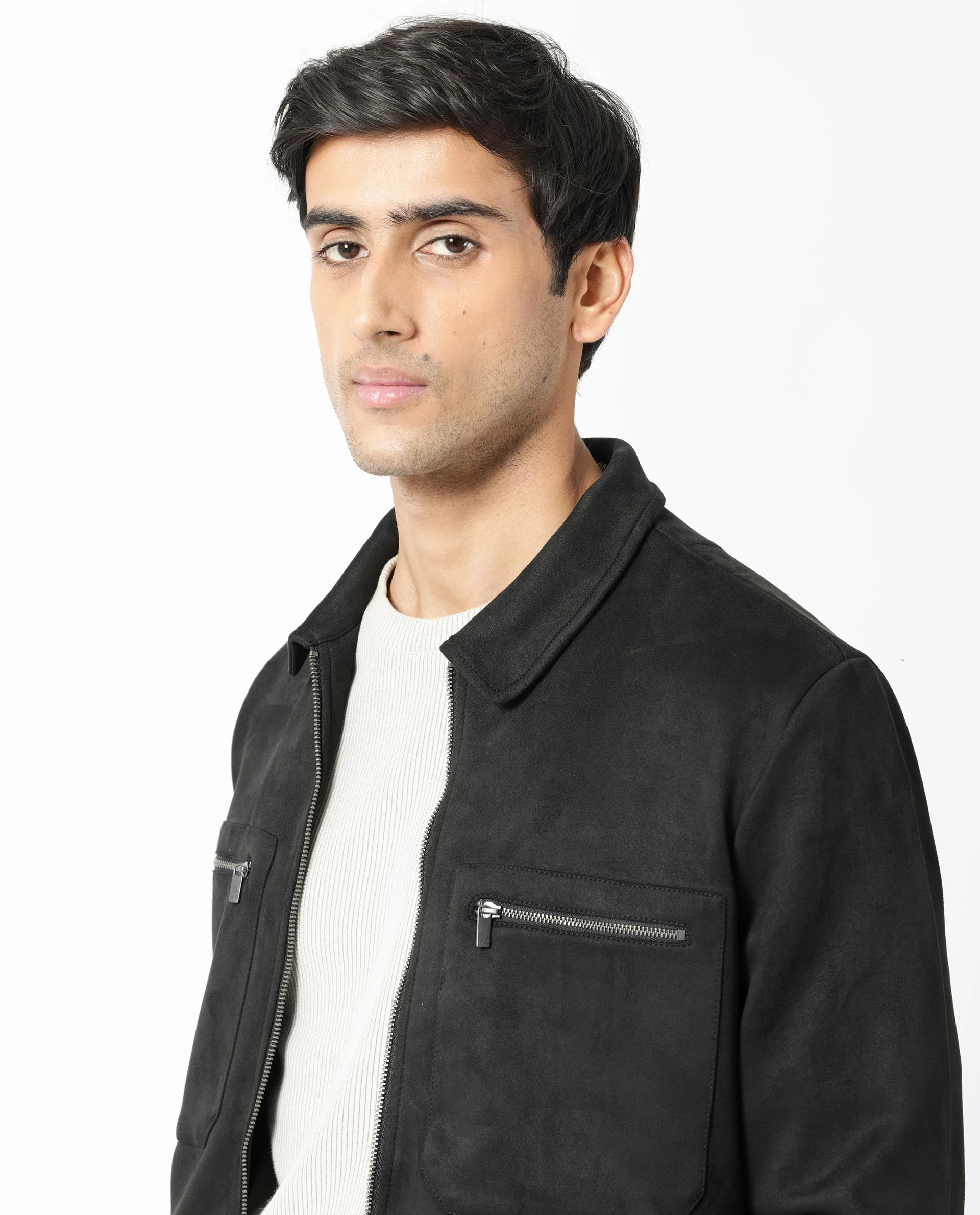 Rare Rabbit Men's Bax 1 Black Suede Plain Boxy Fit Full Sleeve Spread Collar Jacket - Image 4