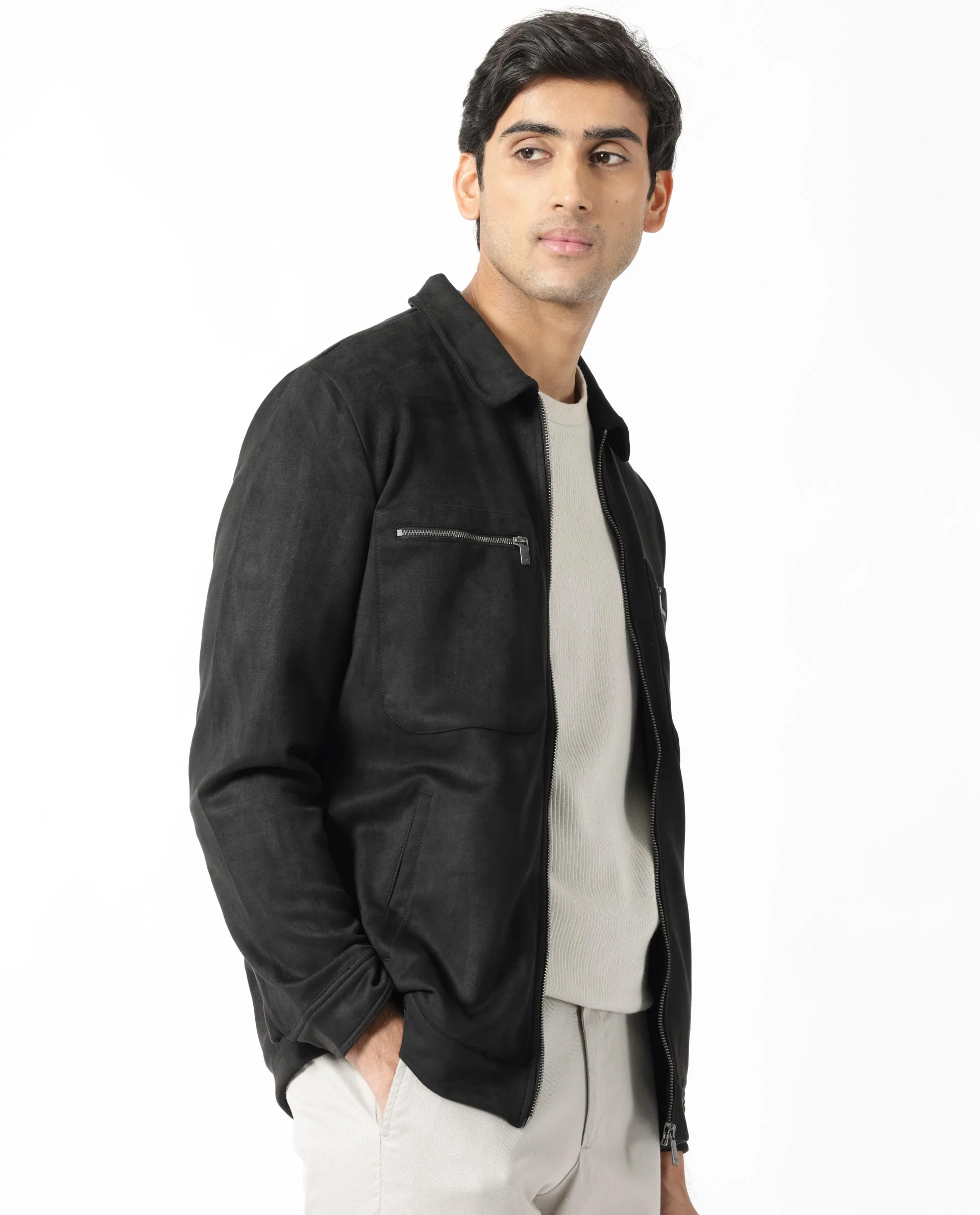 Rare Rabbit Men's Bax 1 Black Suede Plain Boxy Fit Full Sleeve Spread Collar Jacket - Image 5