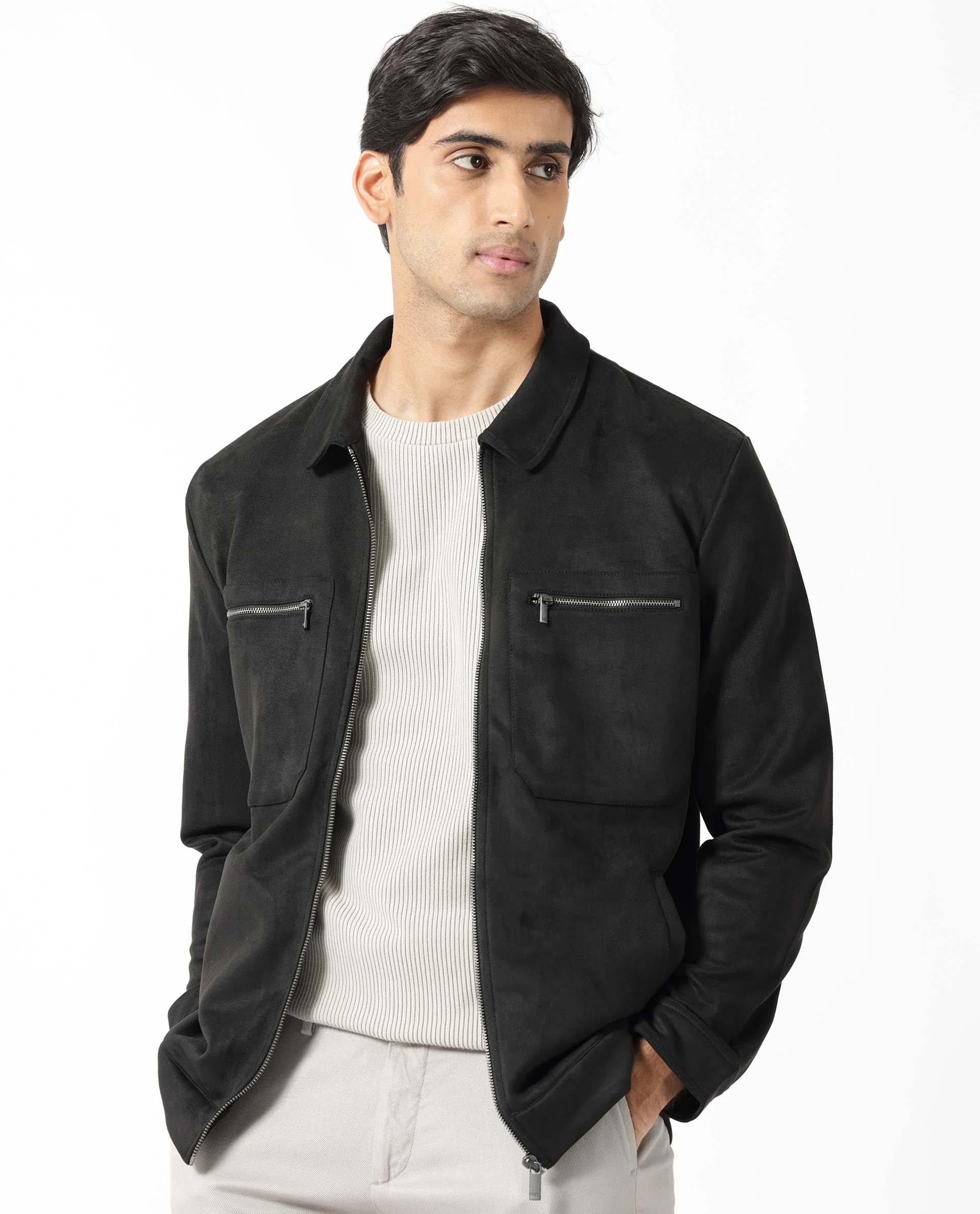 Rare Rabbit Men's Bax 1 Black Suede Plain Boxy Fit Full Sleeve Spread Collar Jacket - Image 6