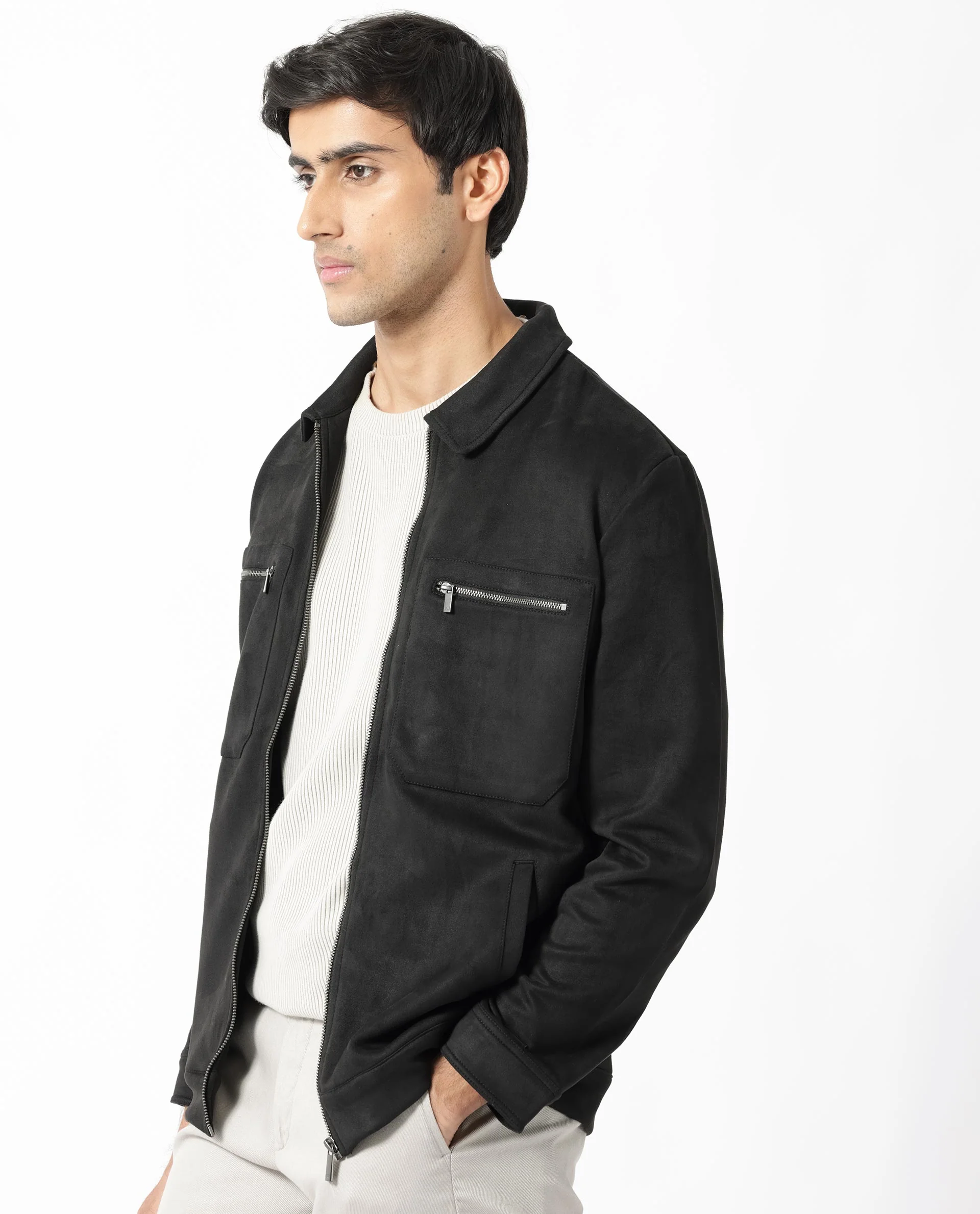 Rare Rabbit Men's Bax 1 Black Suede Plain Boxy Fit Full Sleeve Spread Collar Jacket - Image 8