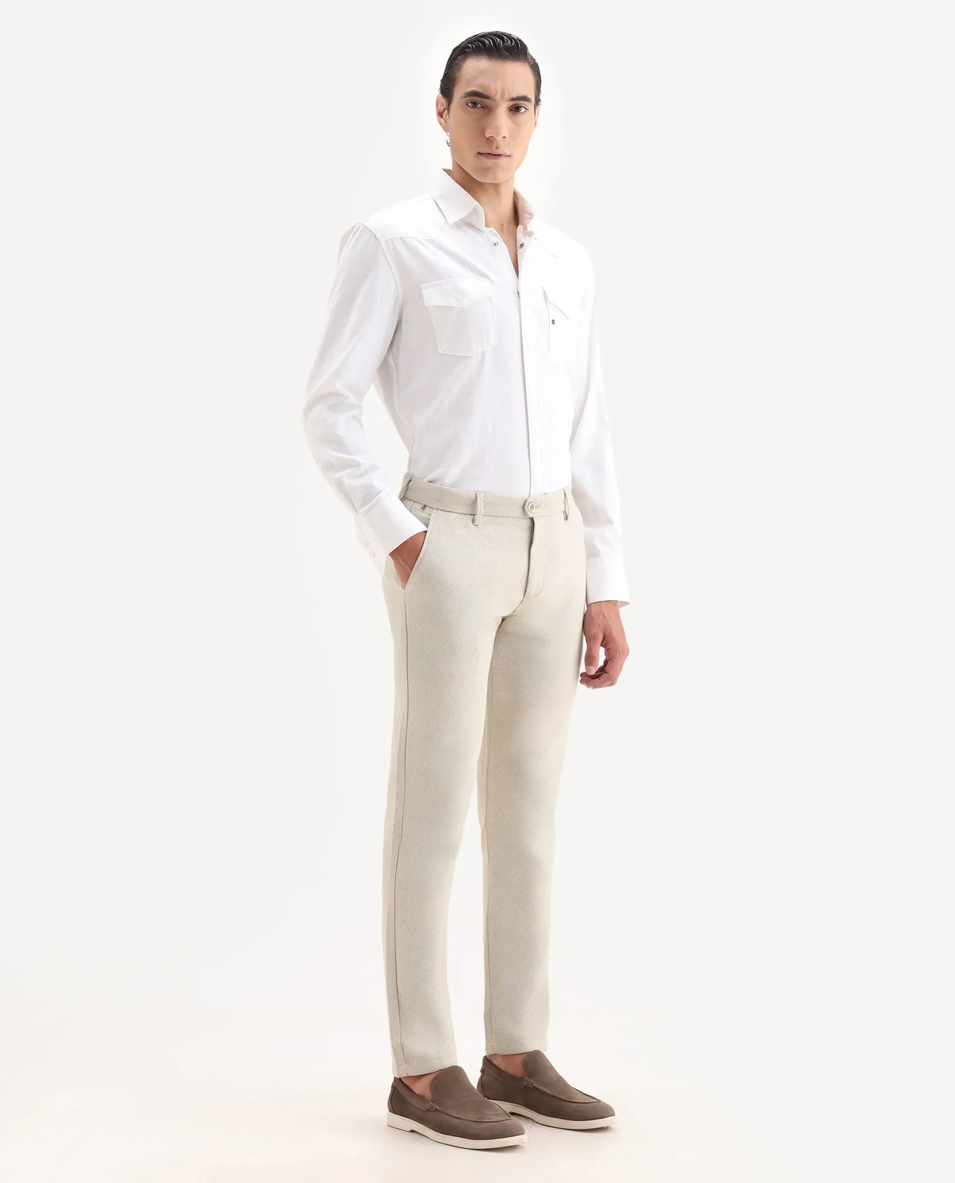 Rare Rabbit Men's Baxie Beige Plain Regular Fit Trouser - Image 5