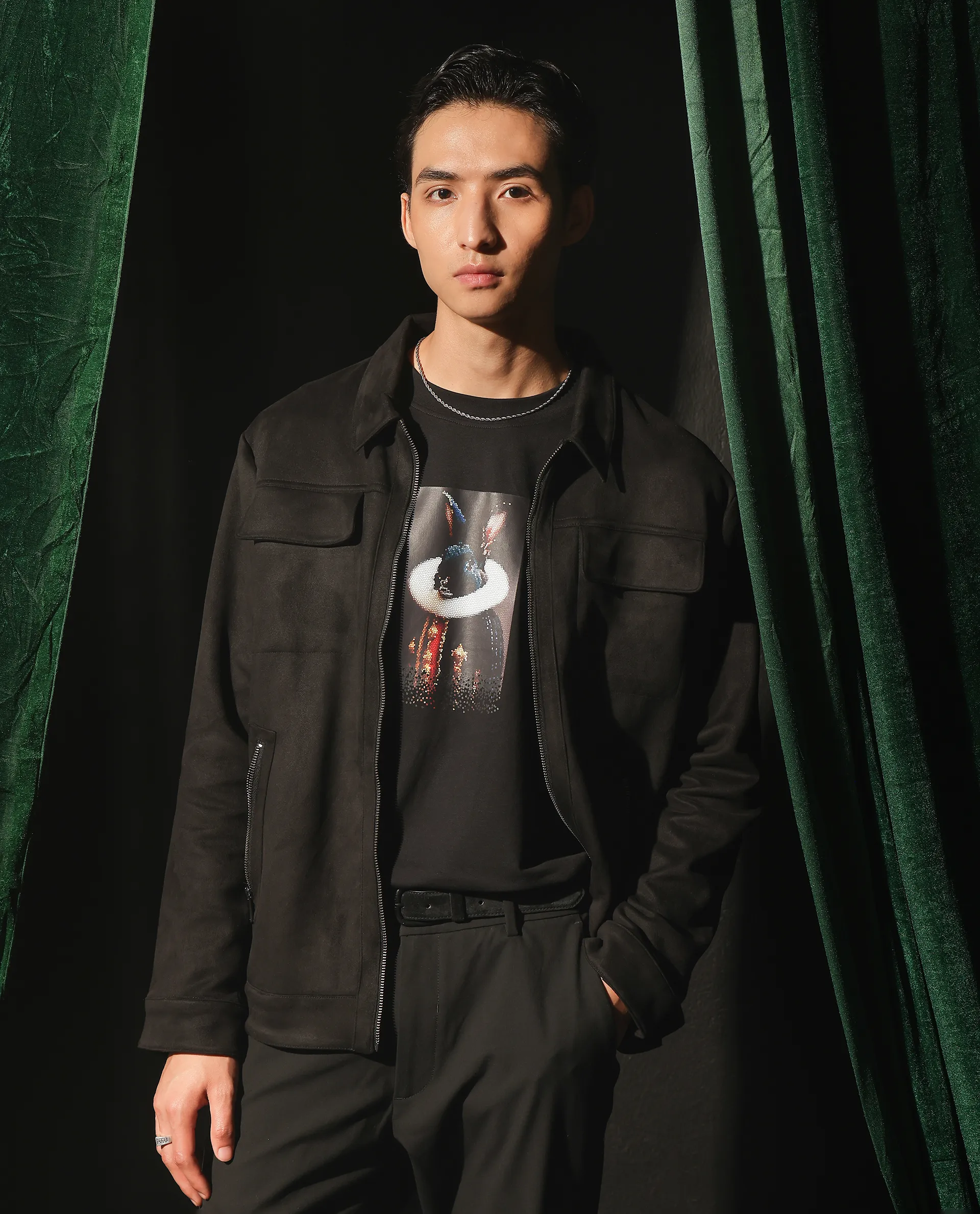 Rare Rabbit Men's Baxo Black Suede Plain Regular Fit Full Sleeve Spread Collar Jacket