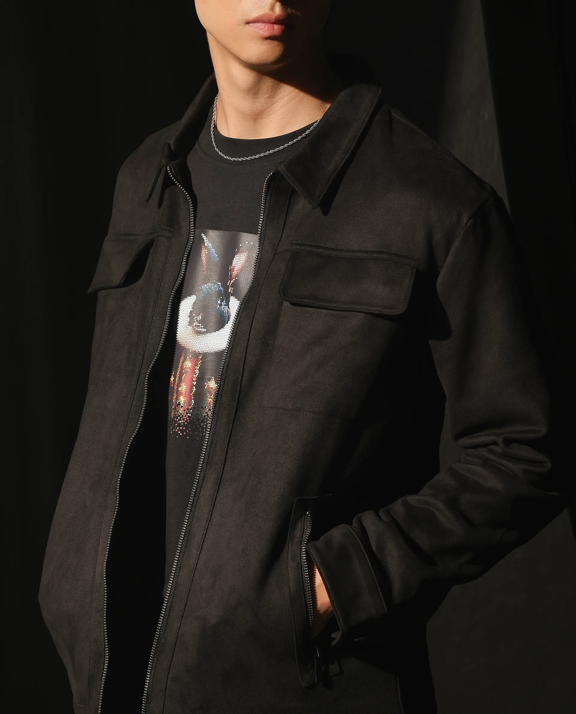 Rare Rabbit Men's Baxo Black Suede Plain Regular Fit Full Sleeve Spread Collar Jacket - Image 4