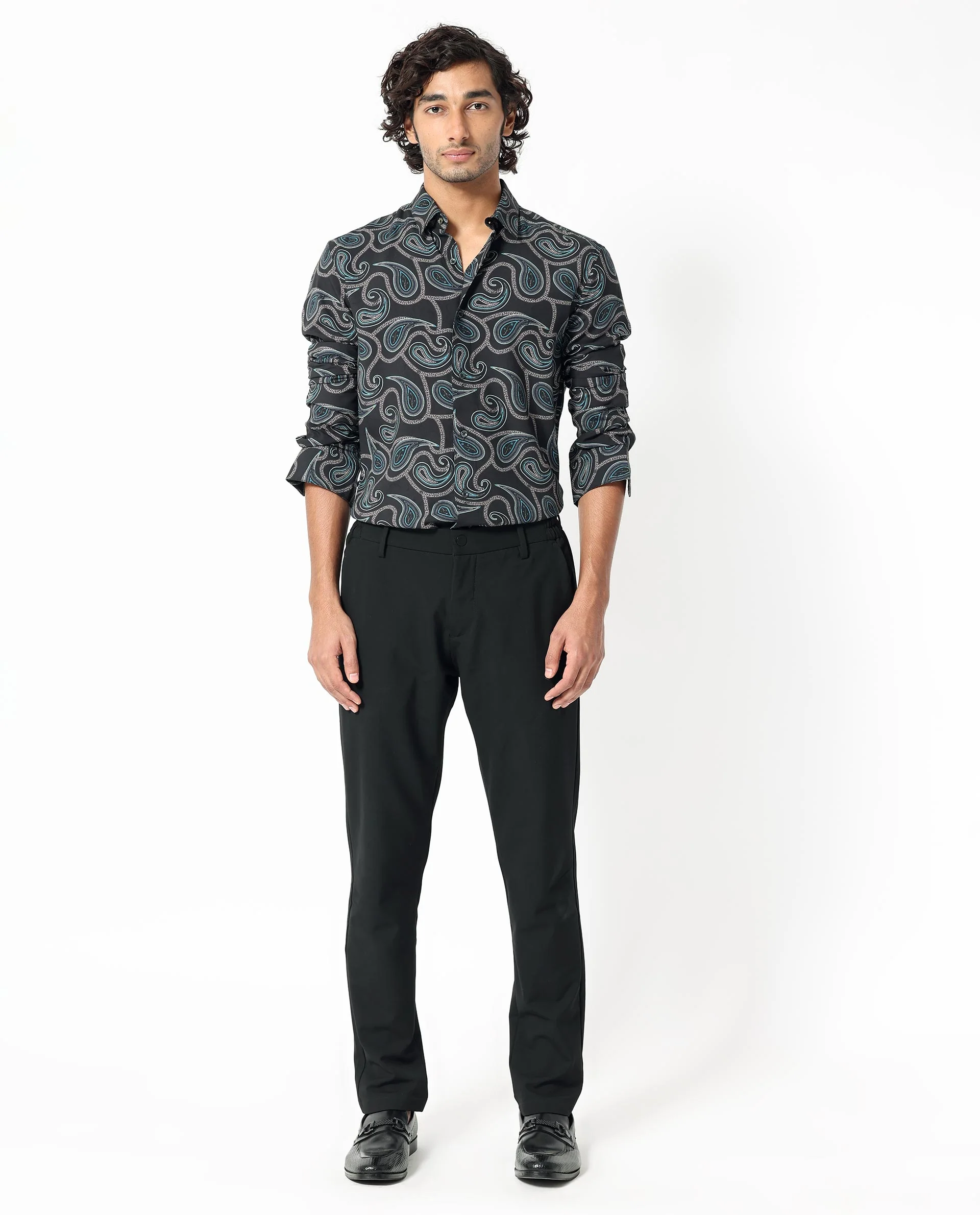 Rare Rabbit Men's Baxon Black Viscose Paisley Print Regular Fit Full Sleeve Collared Shirt - Image 2