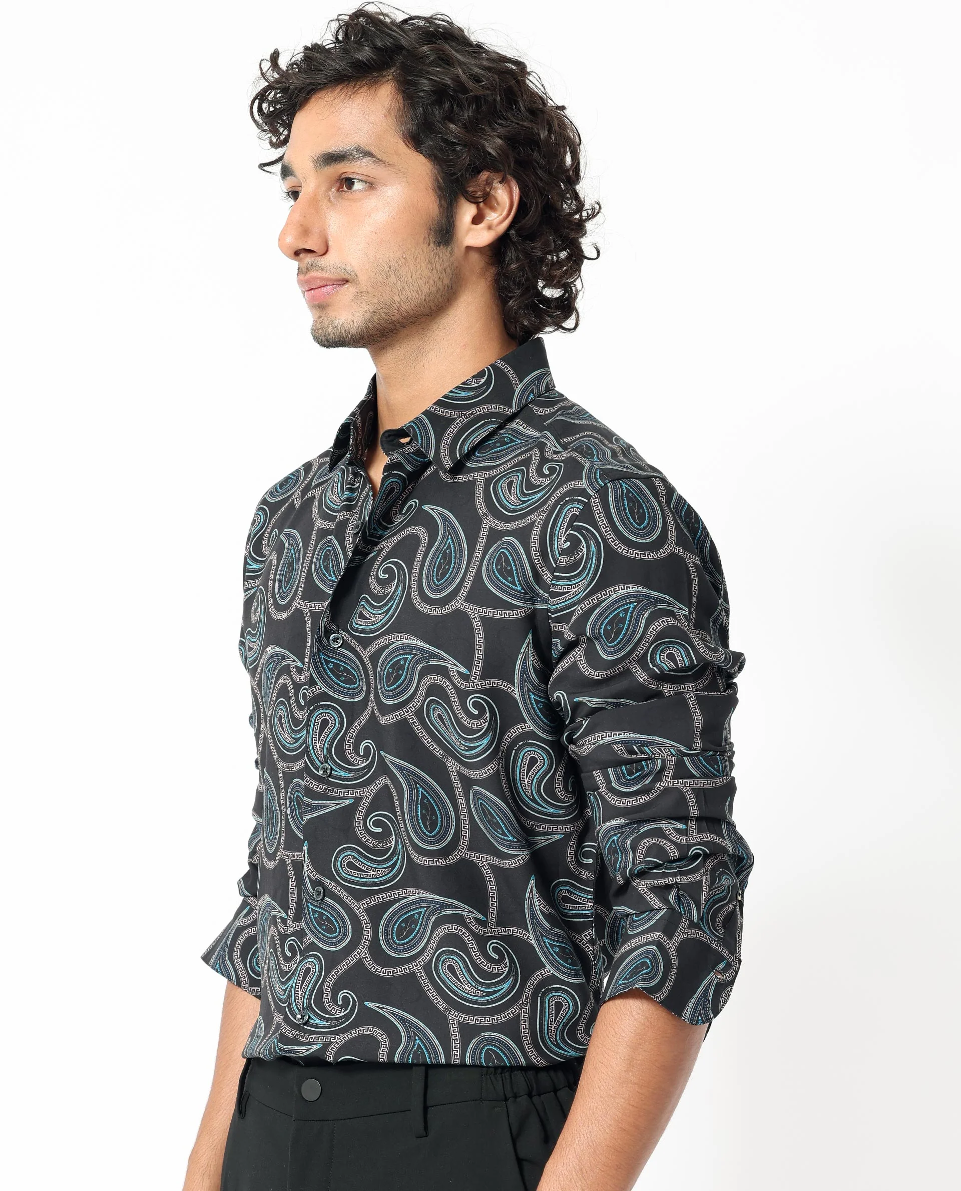 Rare Rabbit Men's Baxon Black Viscose Paisley Print Regular Fit Full Sleeve Collared Shirt - Image 3