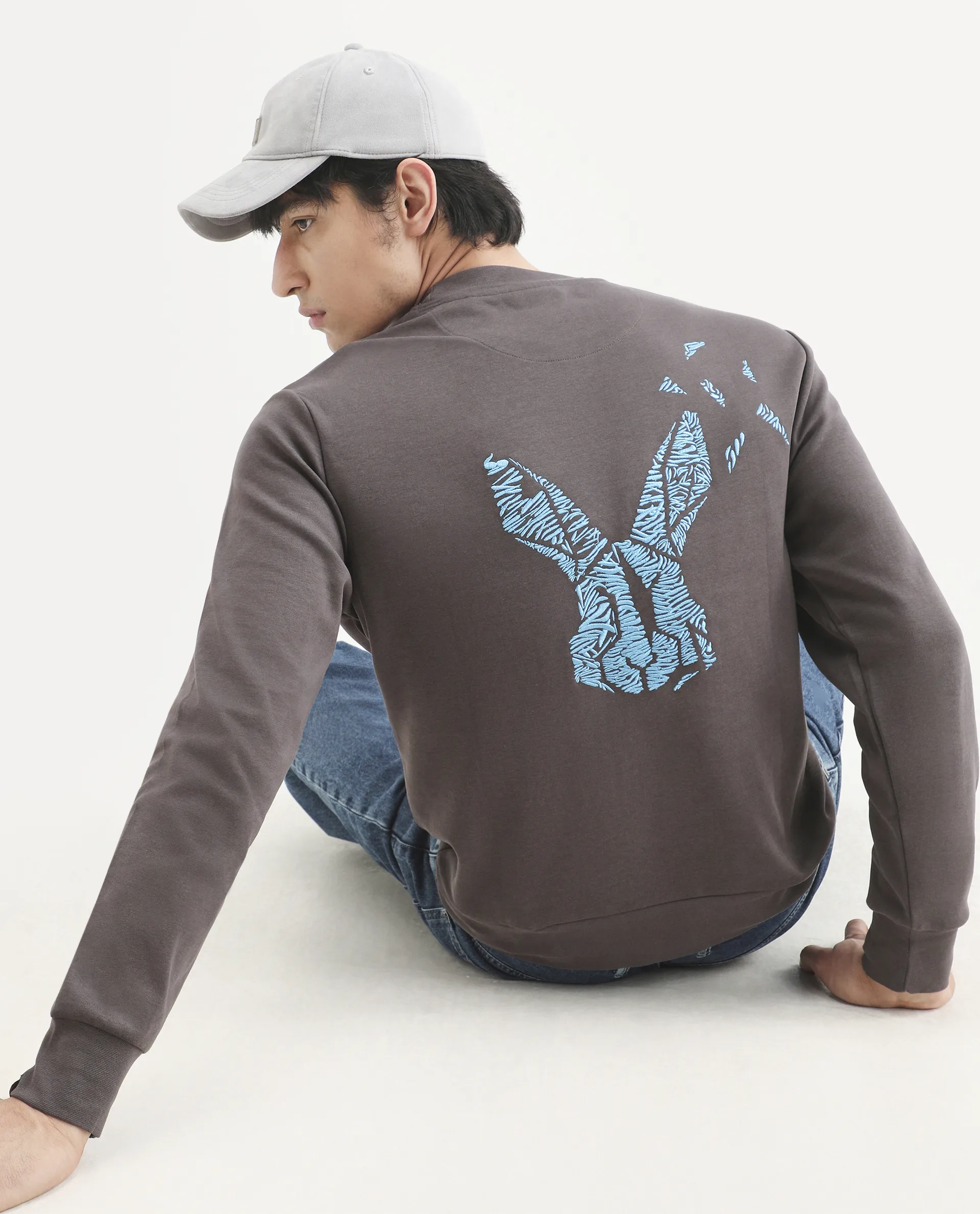 Rare Rabbit Men's Bay Dark Grey Cotton Graphic Print Regular Fit Full Sleeve Crew Neck Sweatshirt
