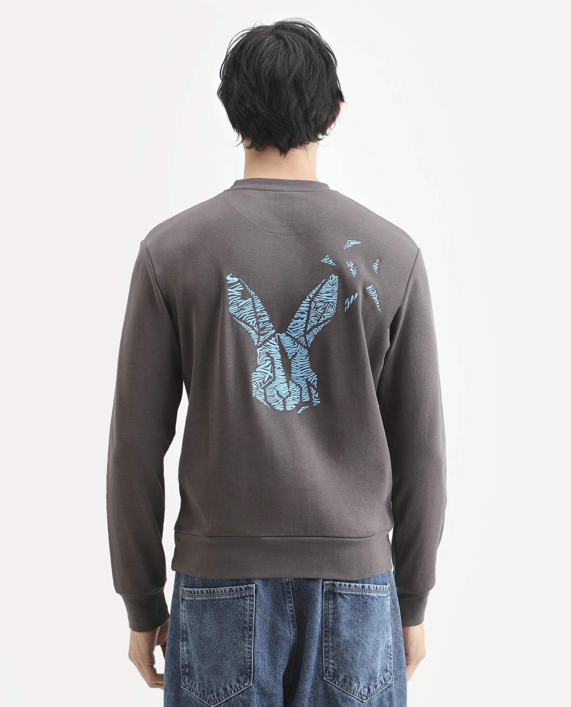 Rare Rabbit Men's Bay Dark Grey Cotton Graphic Print Regular Fit Full Sleeve Crew Neck Sweatshirt - Image 7