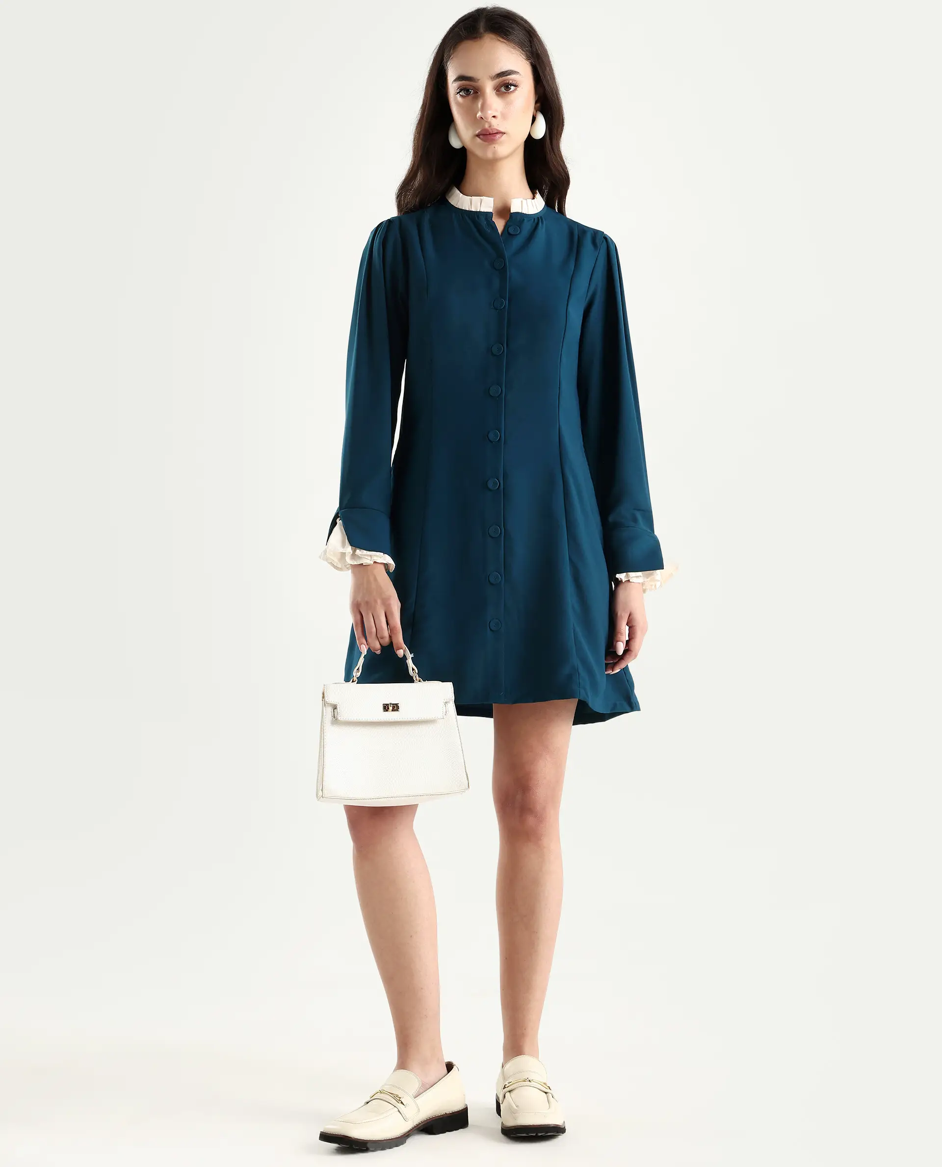Rareism Women's Bayburt Teal Satin Sweetheart Neck Plain Knee Length Straight Fit Dress - Image 2