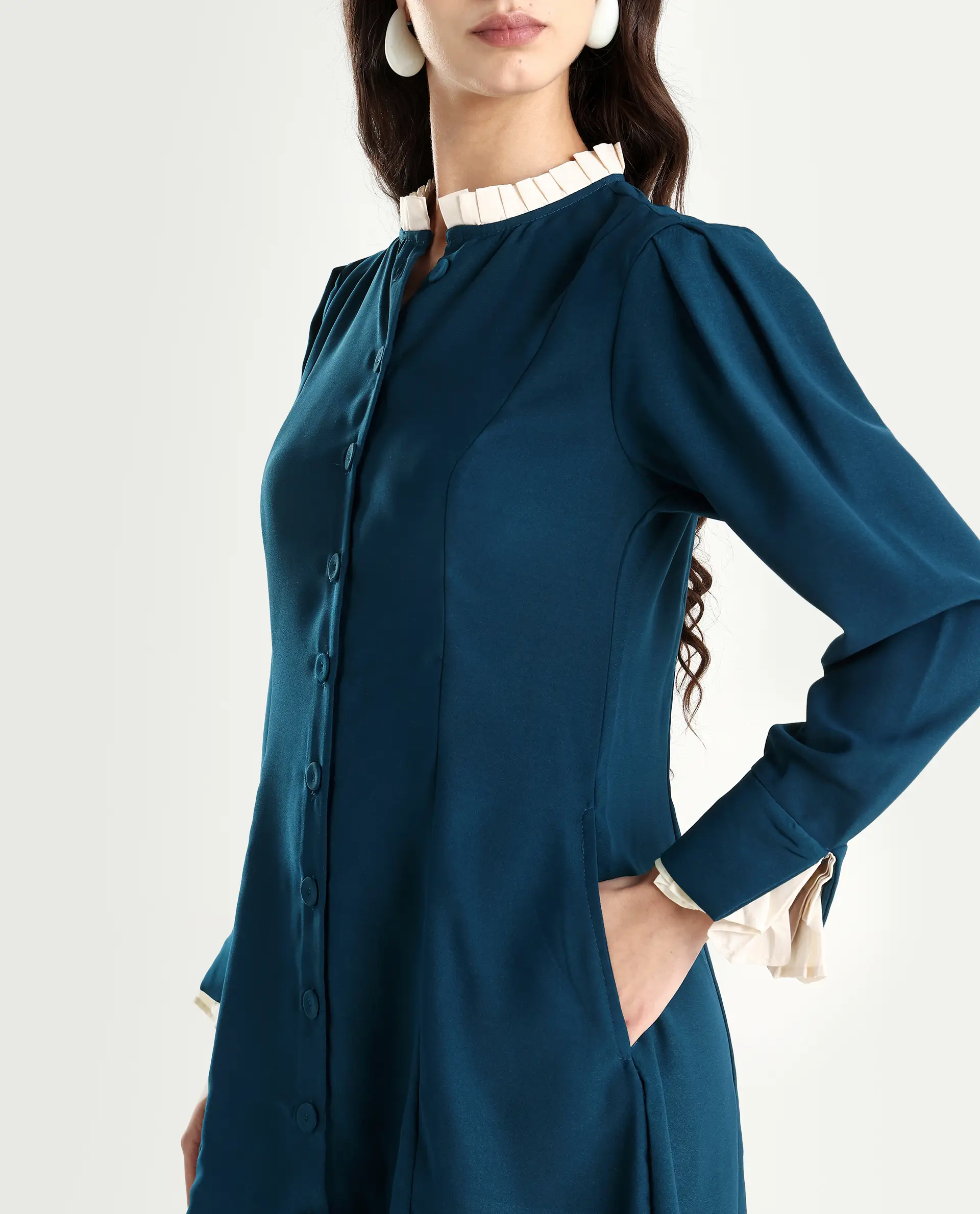 Rareism Women's Bayburt Teal Satin Sweetheart Neck Plain Knee Length Straight Fit Dress - Image 4