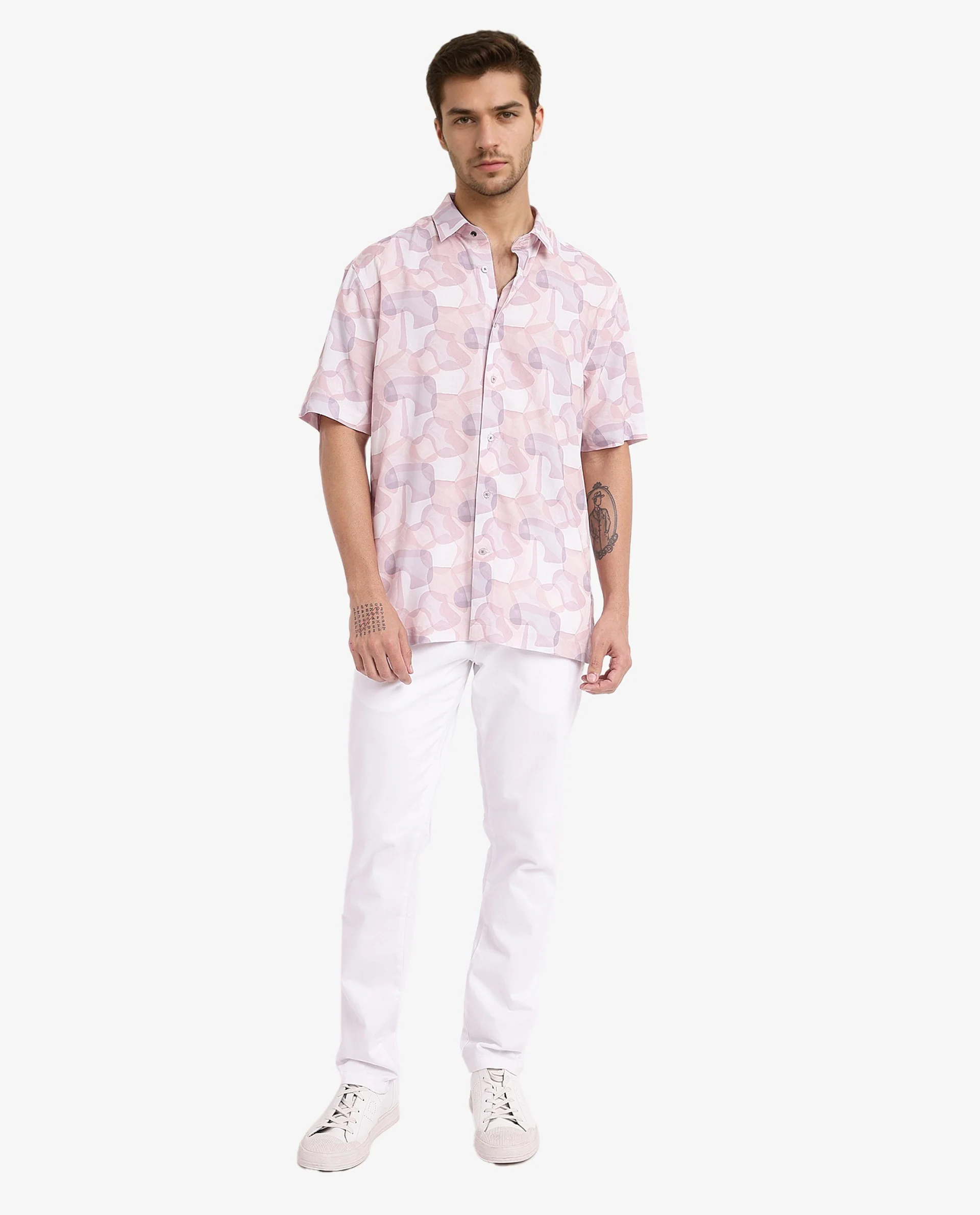 Rare Rabbit Men's Baykal Light Brown Viscose Abstract Print Regular Fit Half Sleeve Collared Shirt - Image 2