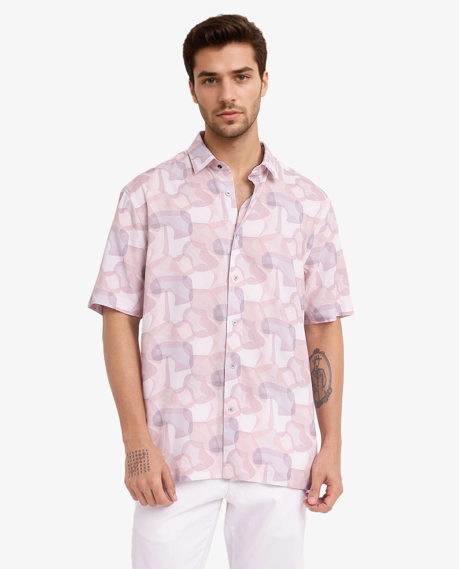 Rare Rabbit Men's Baykal Light Brown Viscose Abstract Print Regular Fit Half Sleeve Collared Shirt - Image 3
