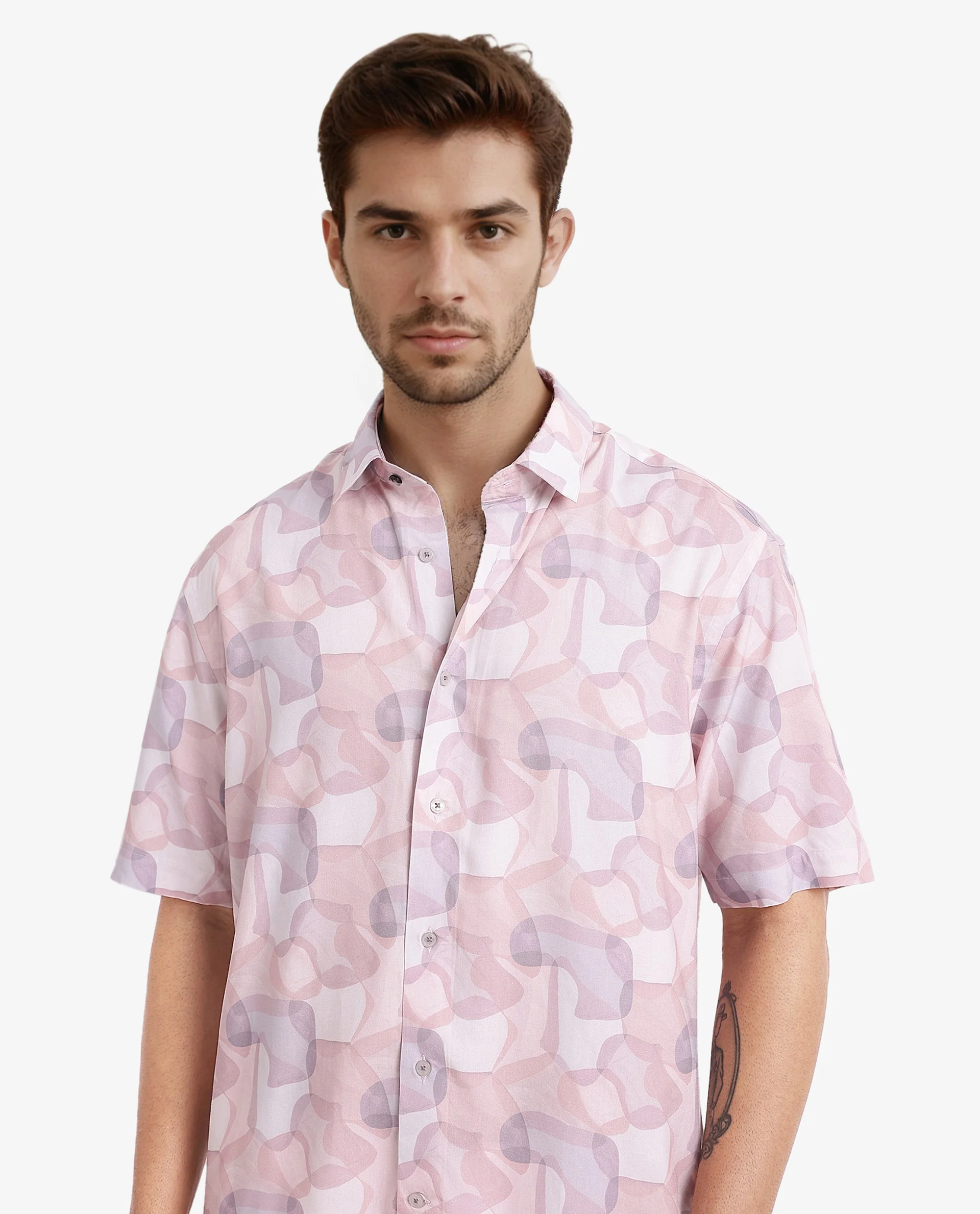 Rare Rabbit Men's Baykal Light Brown Viscose Abstract Print Regular Fit Half Sleeve Collared Shirt - Image 4