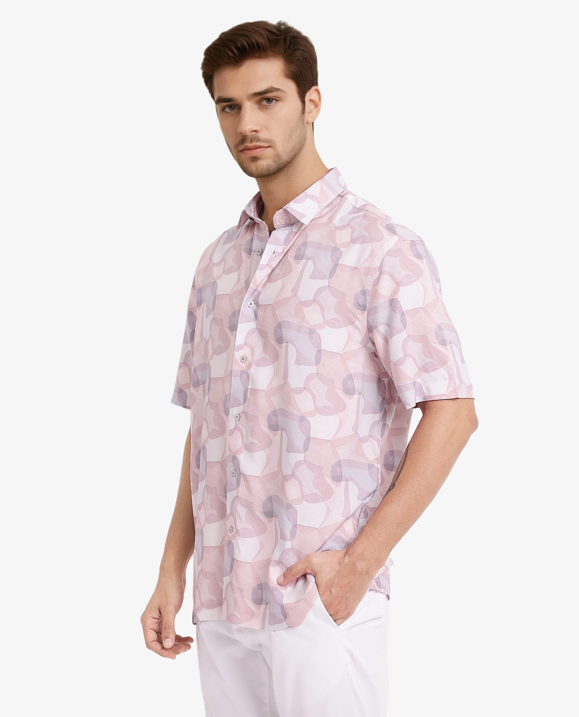 Rare Rabbit Men's Baykal Light Brown Viscose Abstract Print Regular Fit Half Sleeve Collared Shirt - Image 6