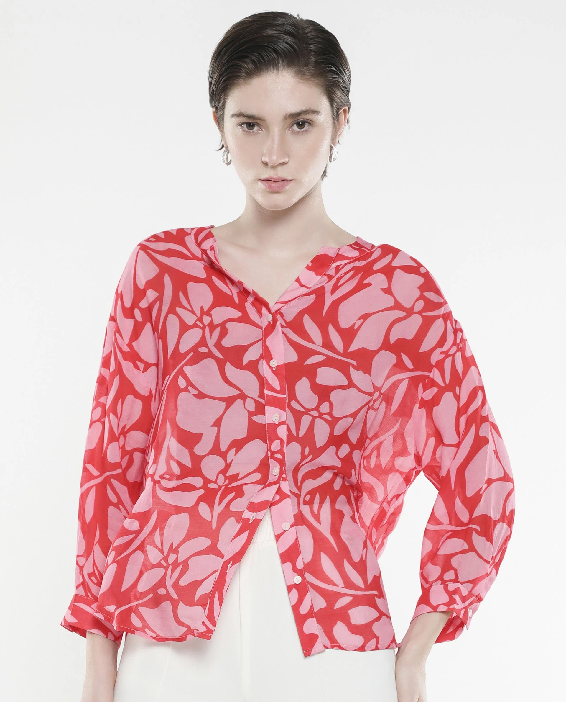 Rareism Women's Bayton Red Viscose Blend Mandarin Collar Floral Print Cuffed Sleeve Relaxed Fit Top