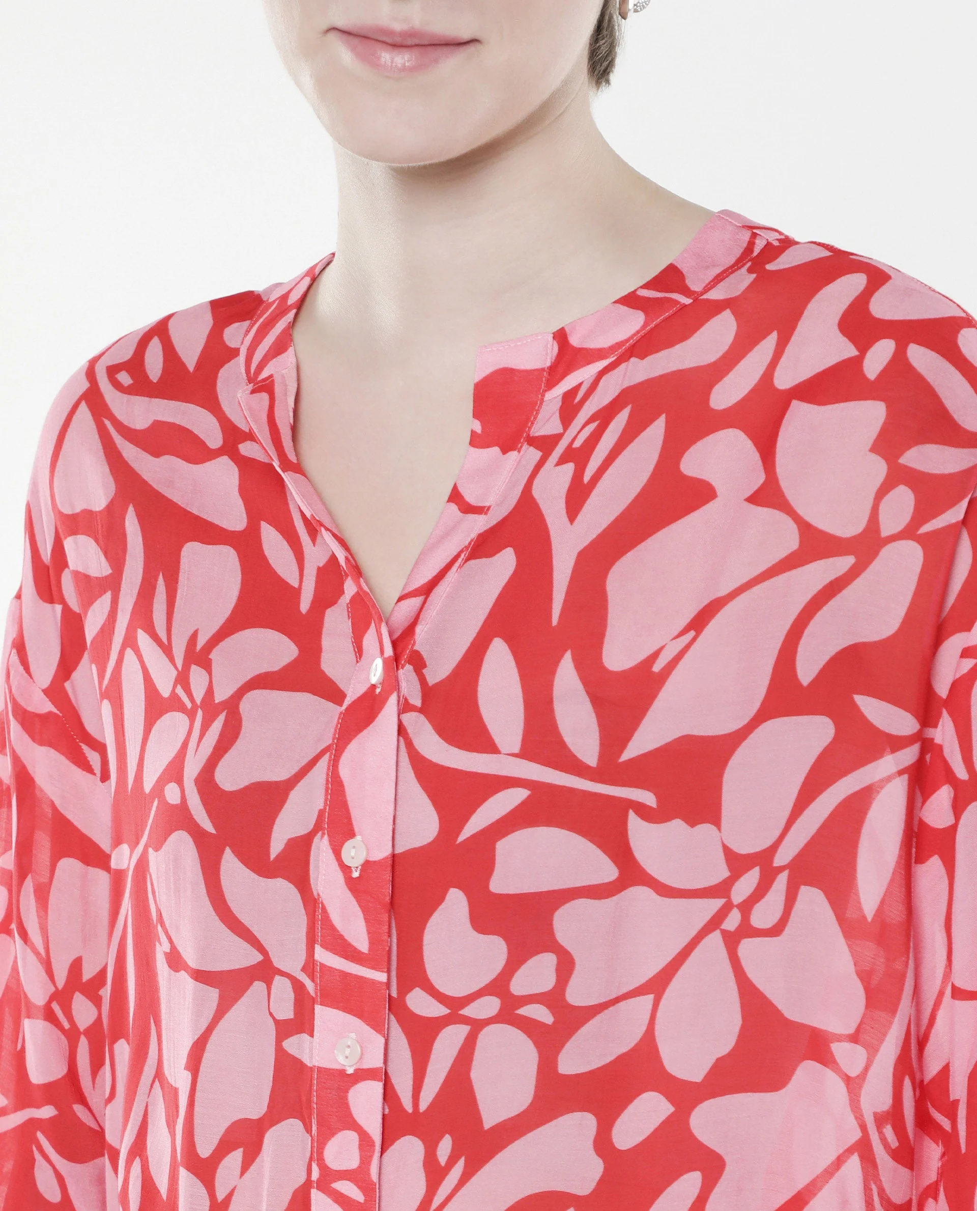 Rareism Women's Bayton Red Viscose Blend Mandarin Collar Floral Print Cuffed Sleeve Relaxed Fit Top - Image 2