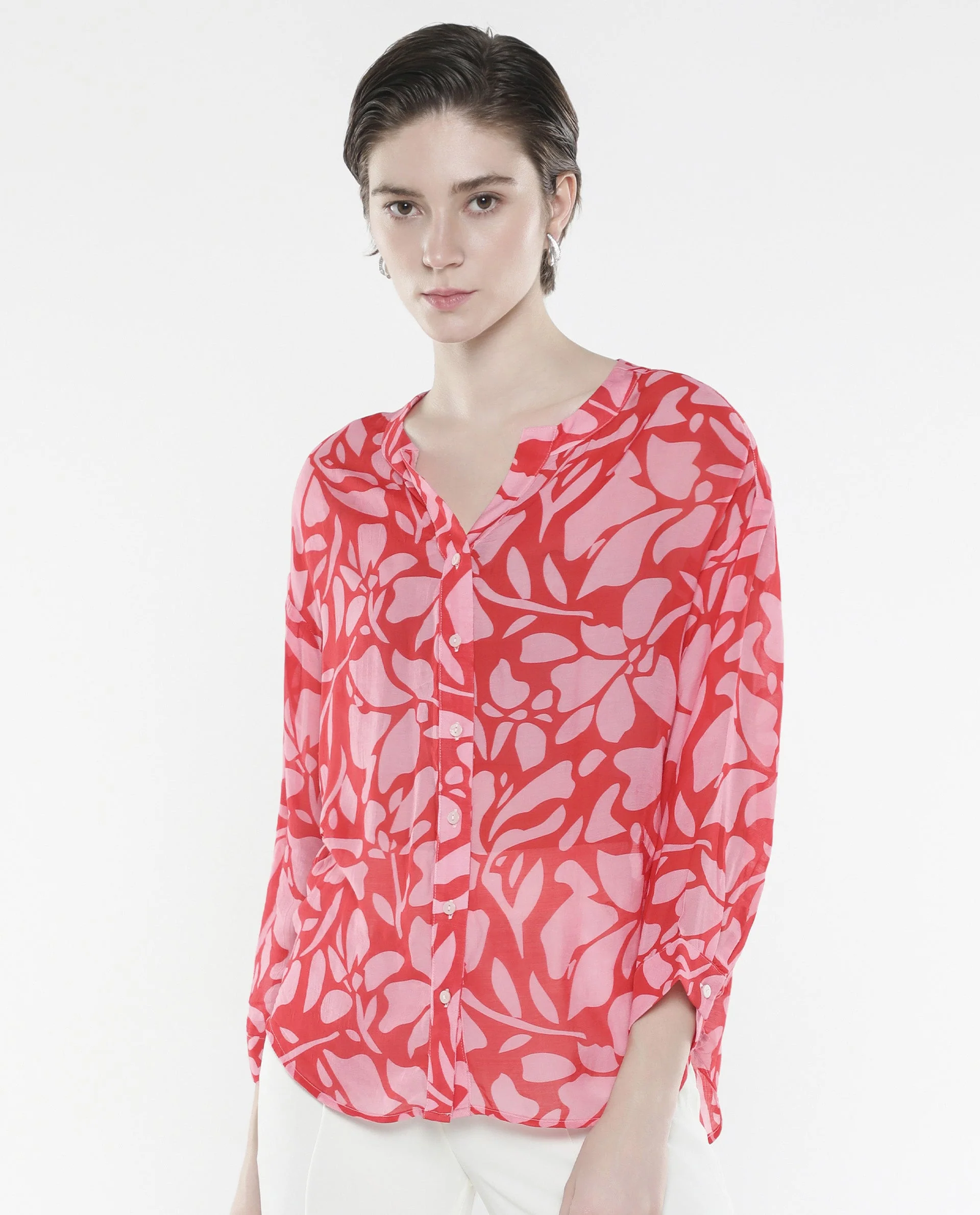 Rareism Women's Bayton Red Viscose Blend Mandarin Collar Floral Print Cuffed Sleeve Relaxed Fit Top - Image 3