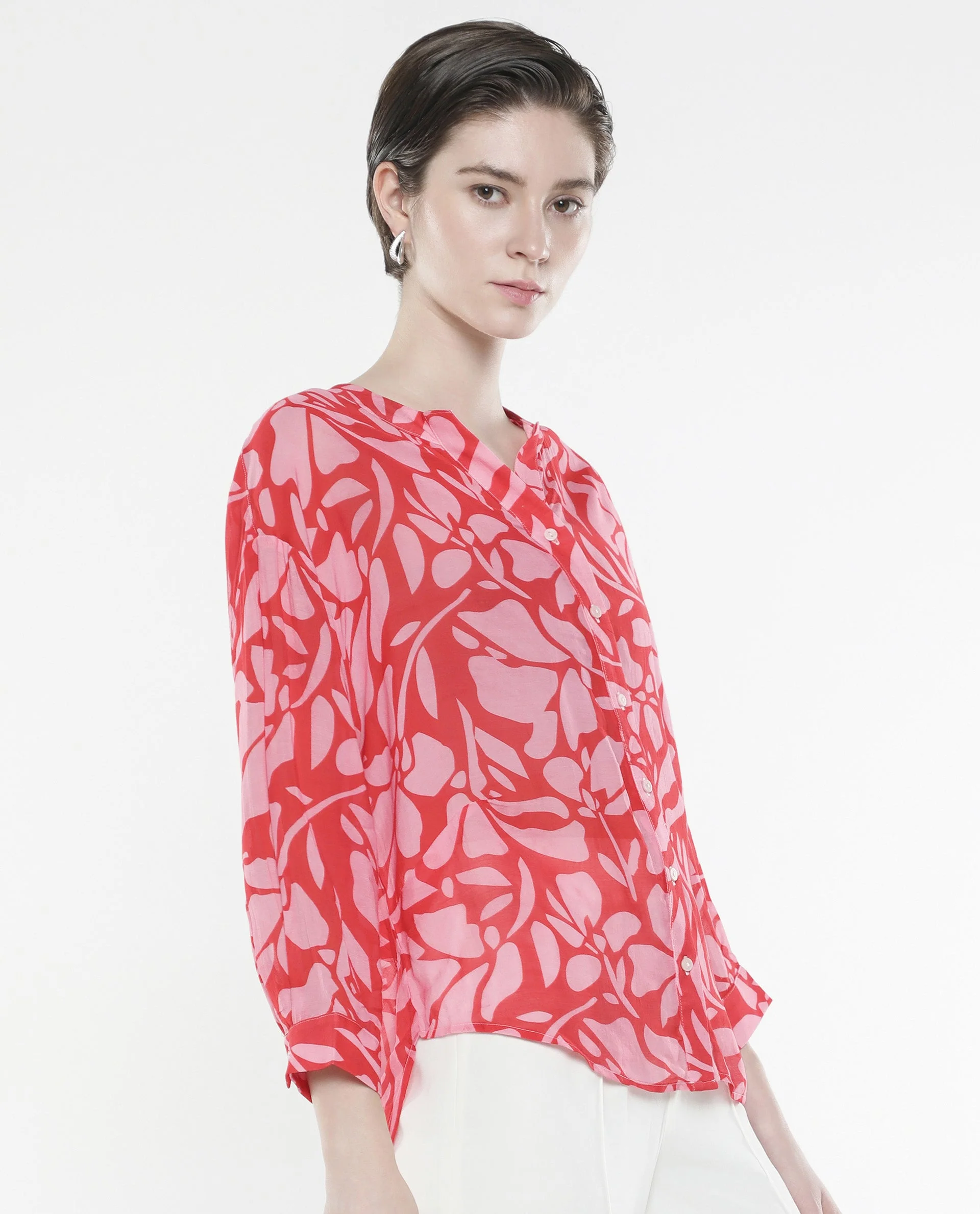 Rareism Women's Bayton Red Viscose Blend Mandarin Collar Floral Print Cuffed Sleeve Relaxed Fit Top - Image 4