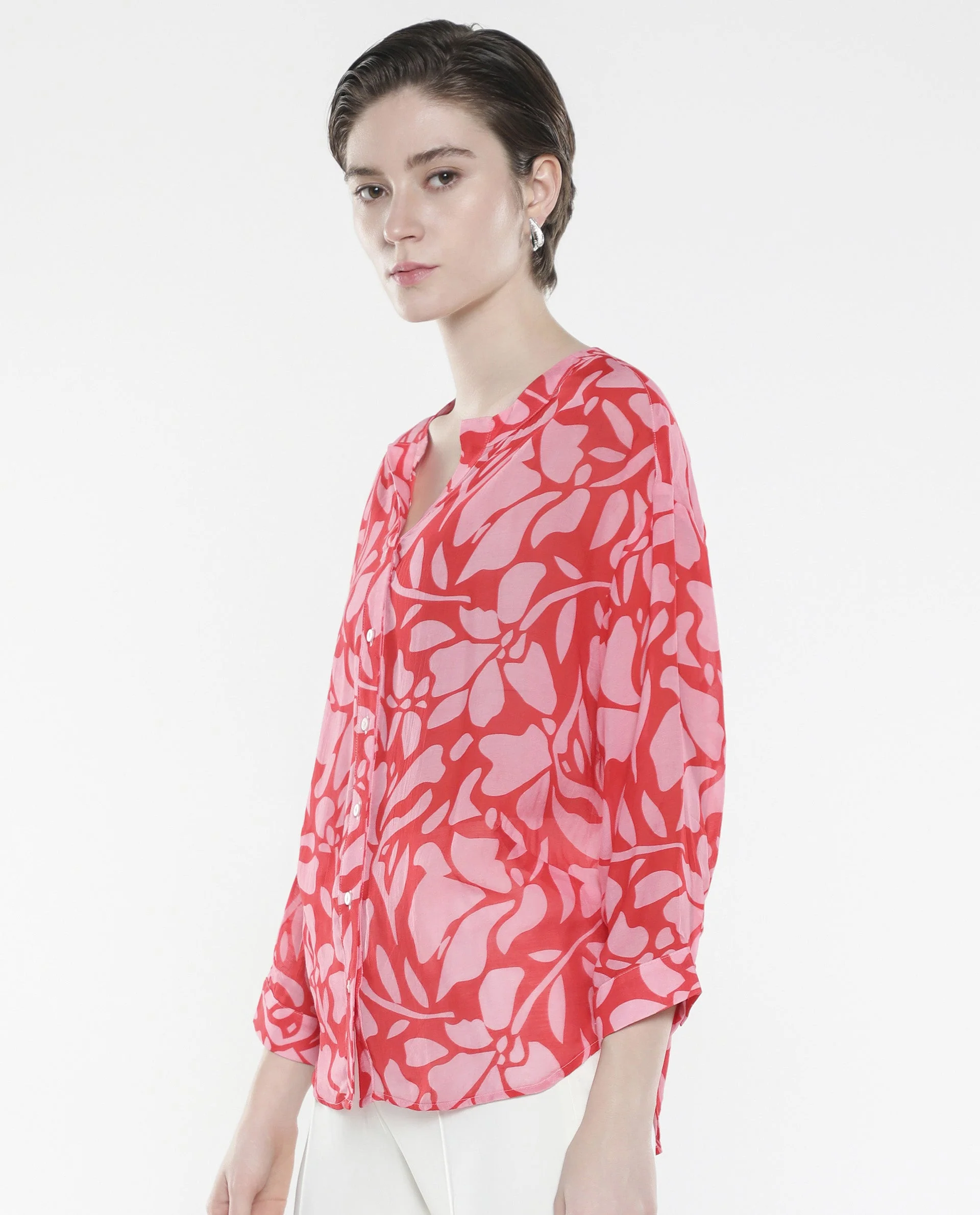 Rareism Women's Bayton Red Viscose Blend Mandarin Collar Floral Print Cuffed Sleeve Relaxed Fit Top - Image 5