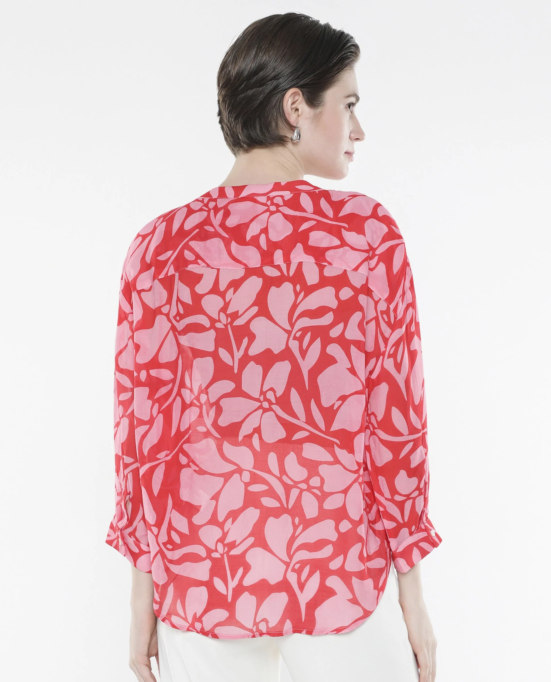 Rareism Women's Bayton Red Viscose Blend Mandarin Collar Floral Print Cuffed Sleeve Relaxed Fit Top - Image 6
