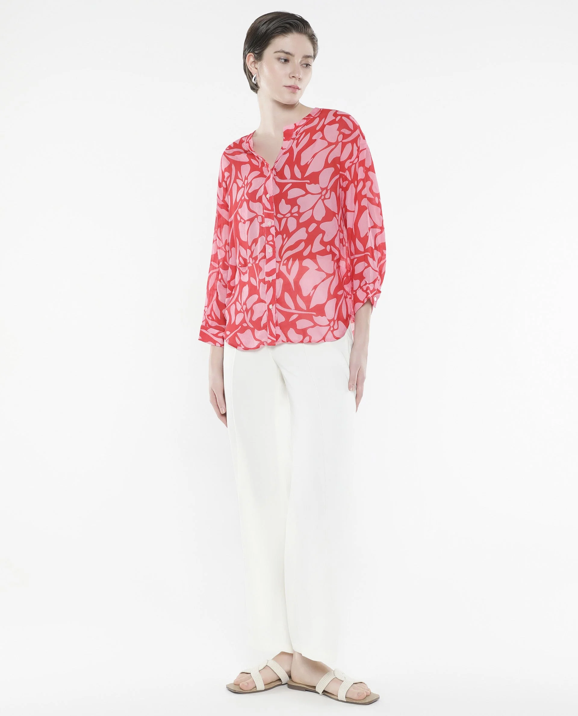 Rareism Women's Bayton Red Viscose Blend Mandarin Collar Floral Print Cuffed Sleeve Relaxed Fit Top - Image 7