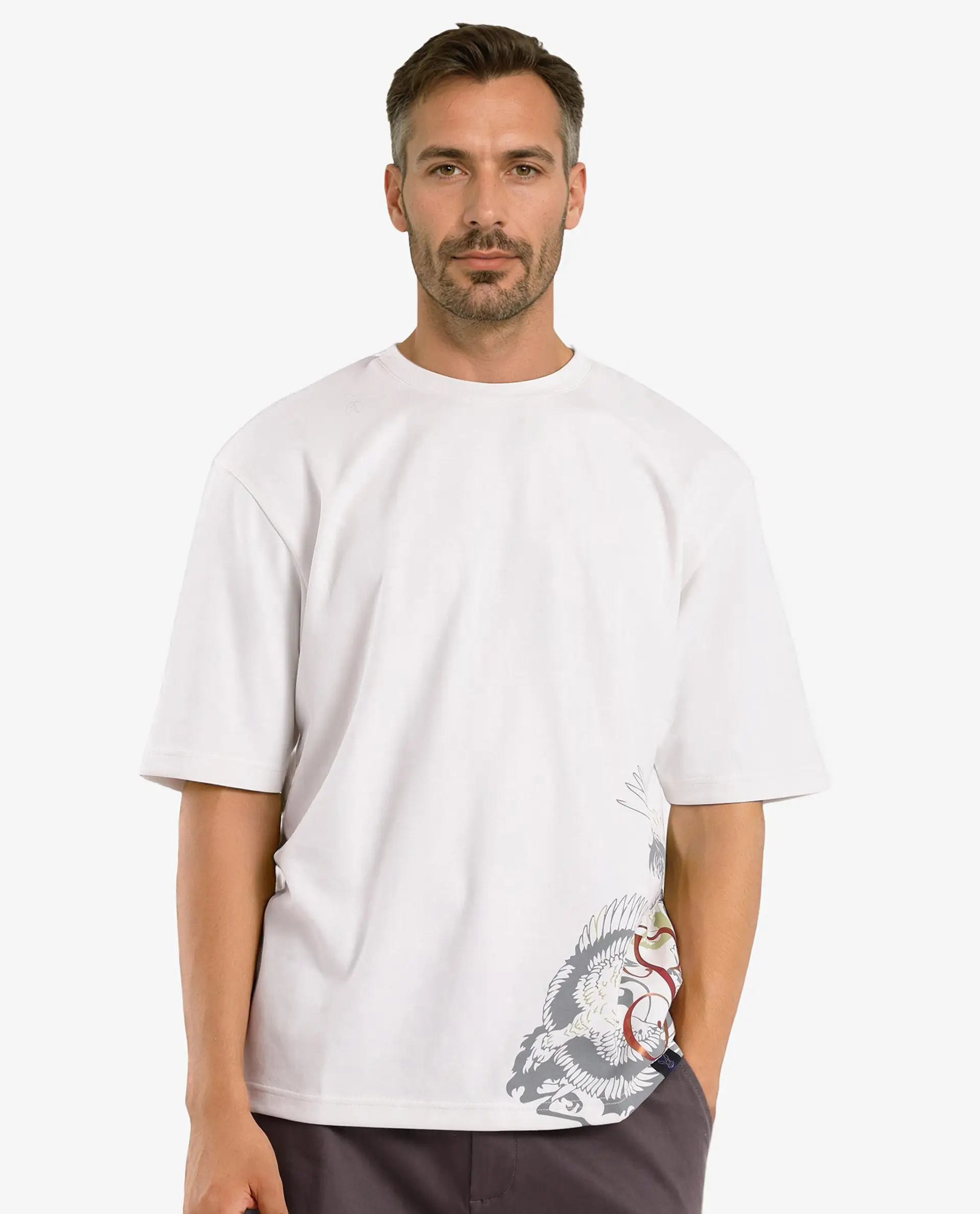 Rare Rabbit Men's Bazy Off White Cotton Graphic Print Oversized Fit Half Sleeve Crew Neck T-Shirt - Image 6