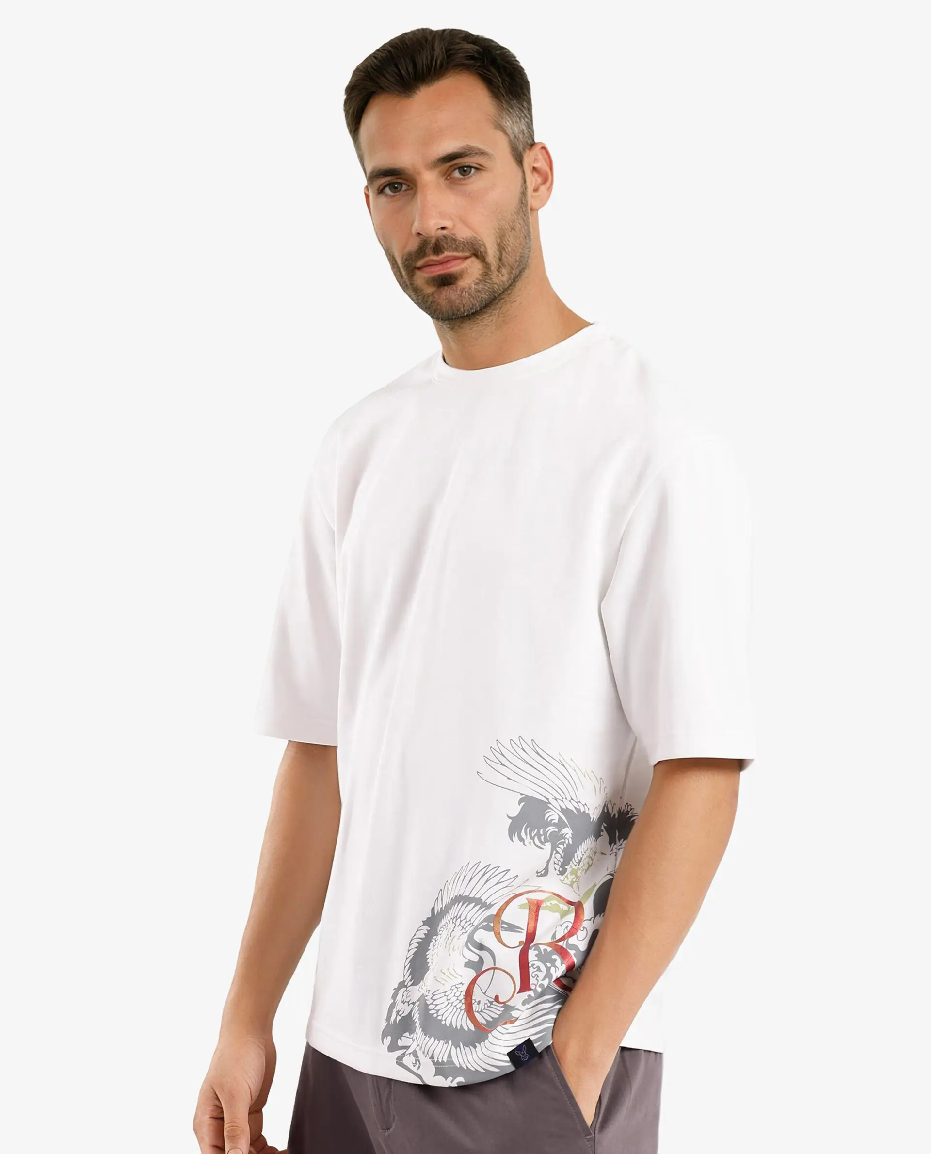 Rare Rabbit Men's Bazy Off White Cotton Graphic Print Oversized Fit Half Sleeve Crew Neck T-Shirt - Image 8