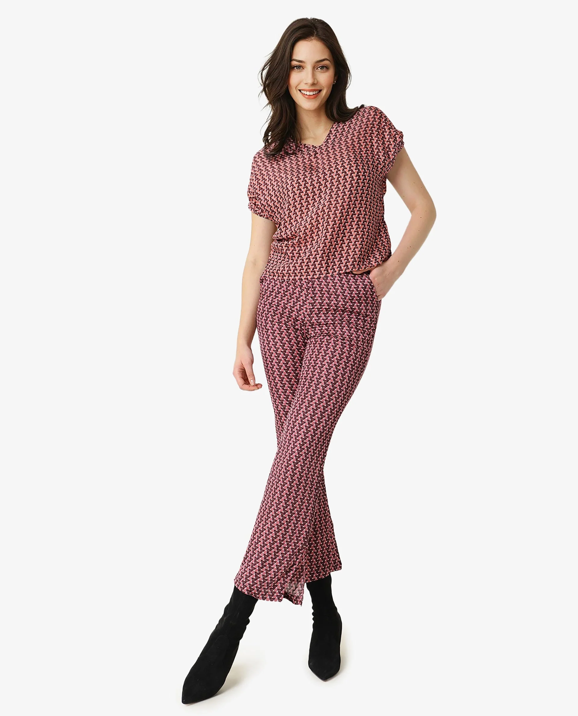 Rareism Women's Bea Maroon V-Neck Geometric Print Knee Length Tailored Top - Image 2